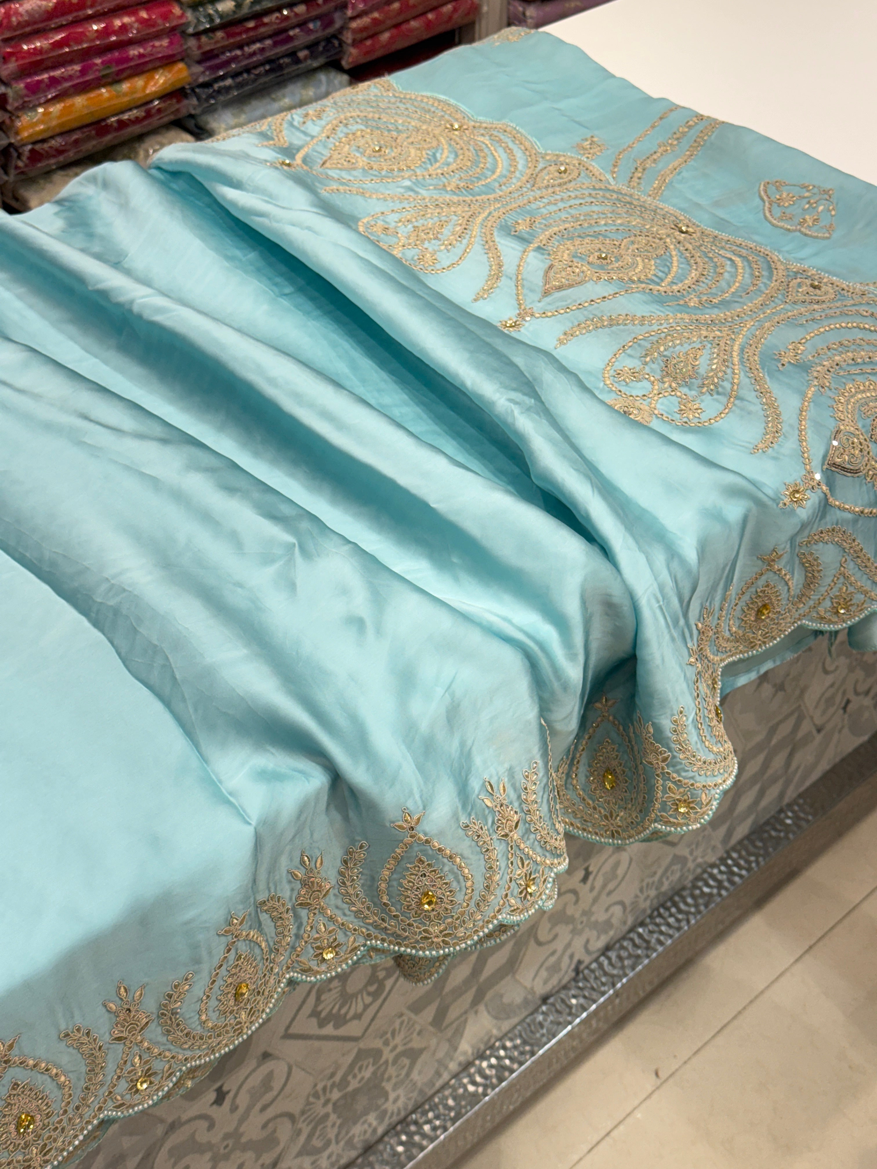Blue Satin Organza Zari & Thread Embroidery Saree