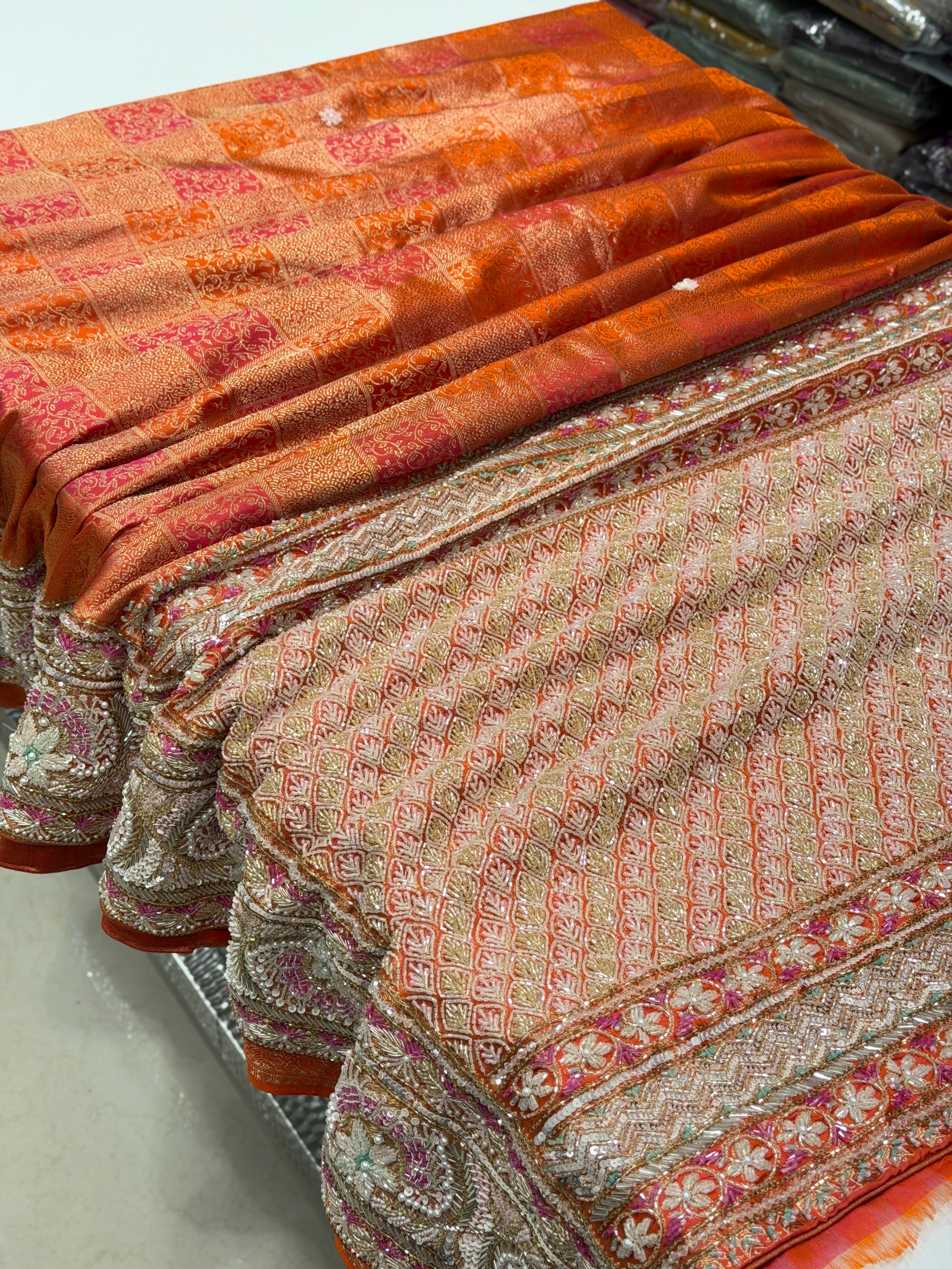 Rust Orange Kanjivaram Moti Zardosi Hand Embroidery Saree
