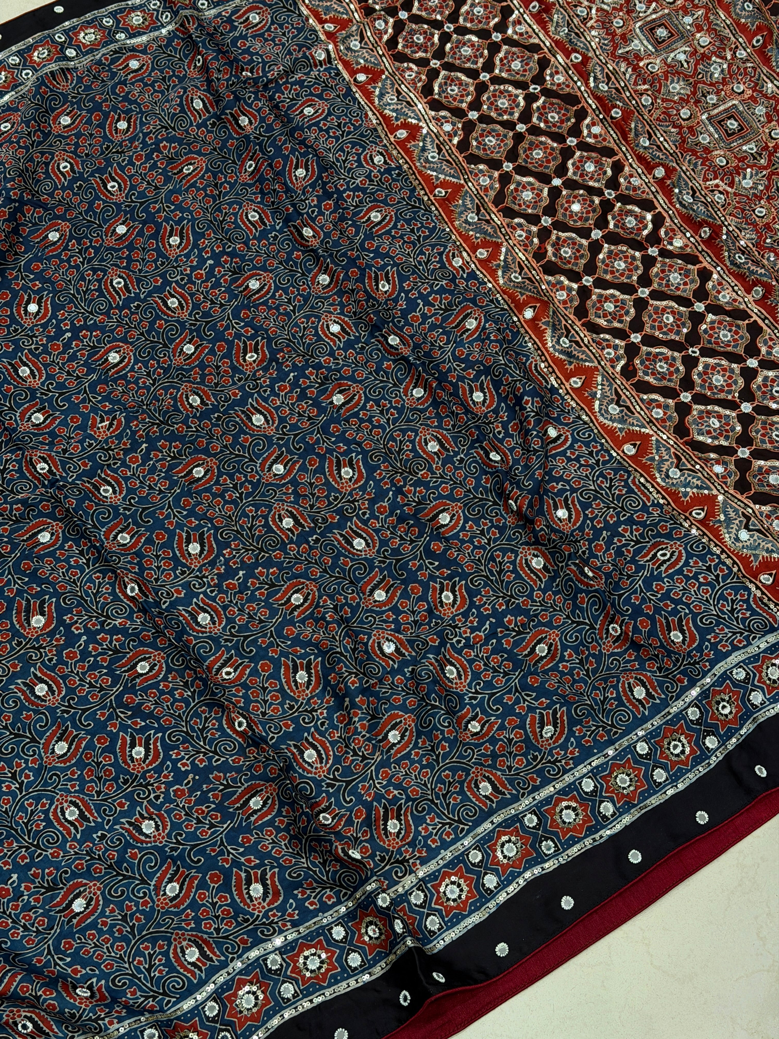 Blue Red Jaal Ajrakh Real Mirror Moti Sequin Hand Embroidery Saree