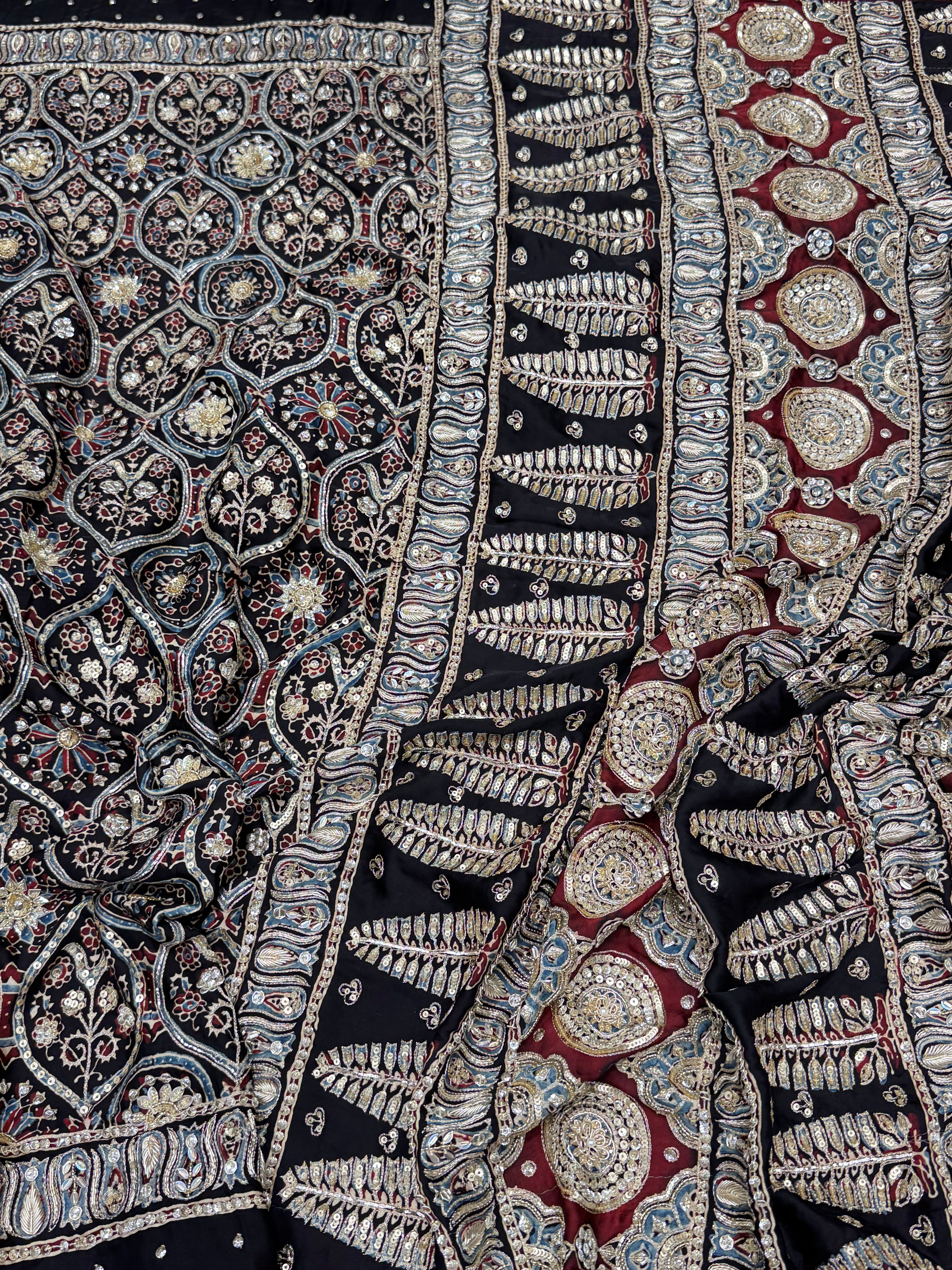 Ajrakh Black Badam Jaal Hand Embroidery Zardosi and Pita Work