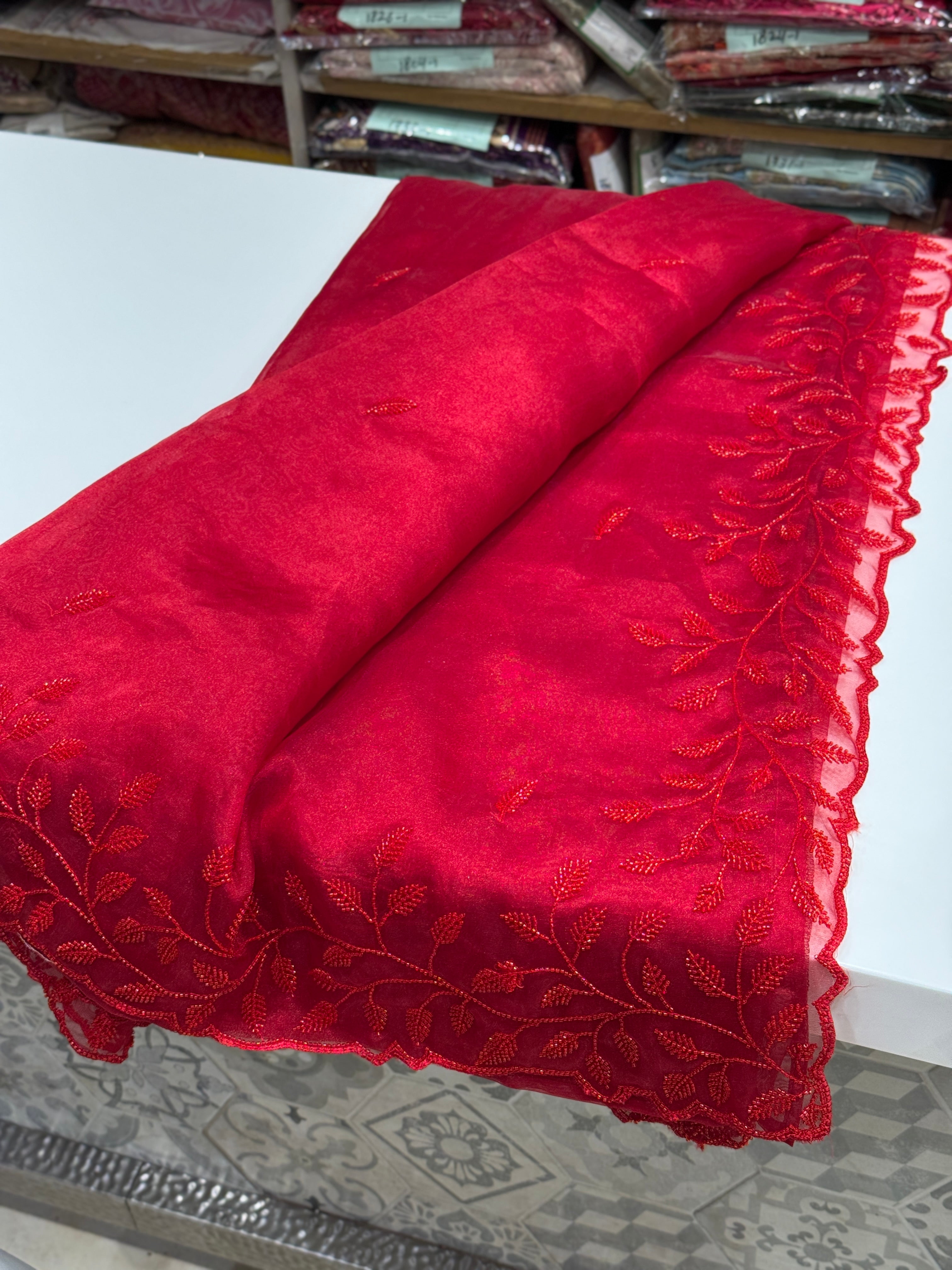 Red On Red Tissue Organza Self Work Saree