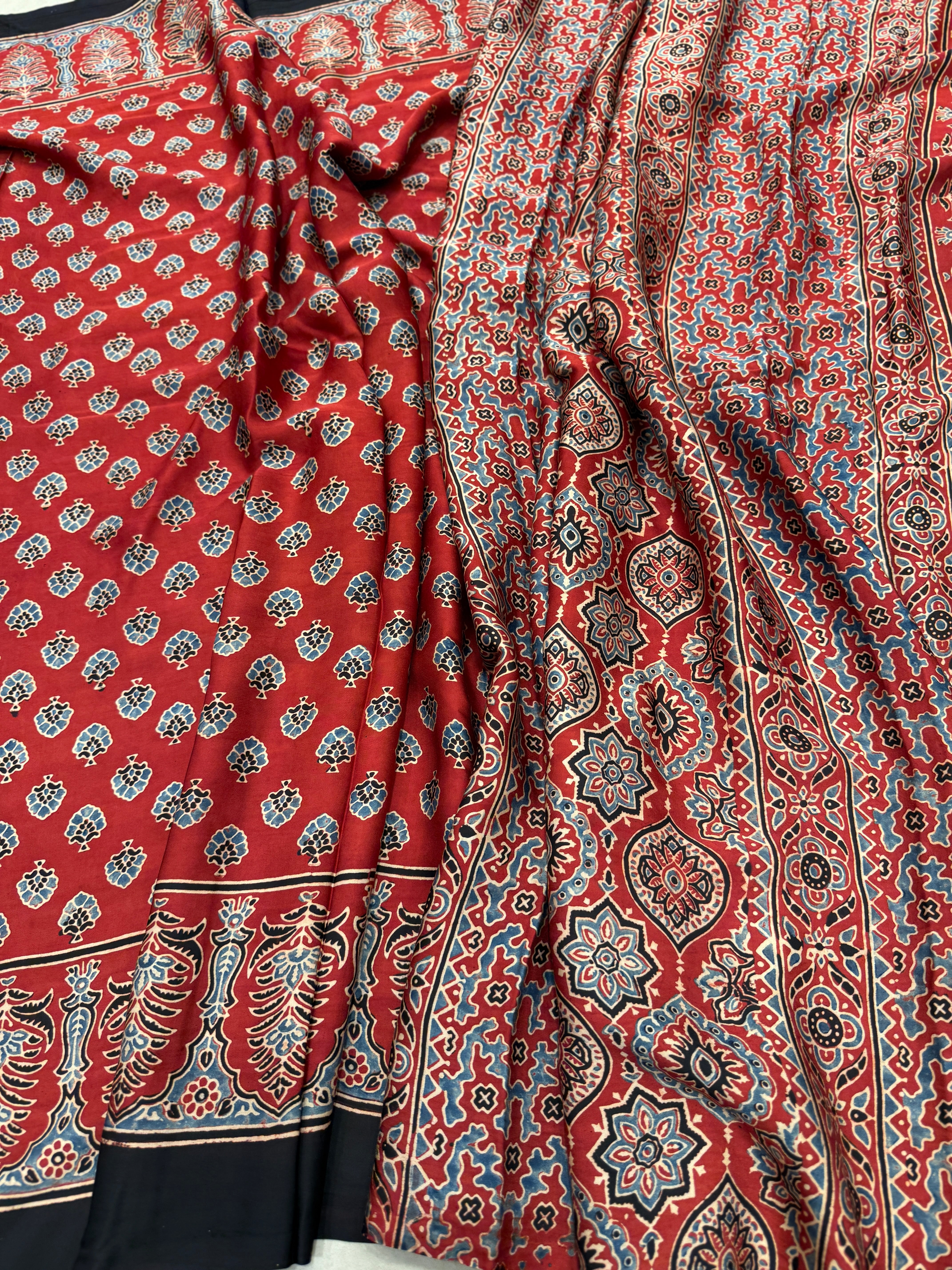 Red Crown Buttis Border Ajrakh Modal Gajji Silk Saree