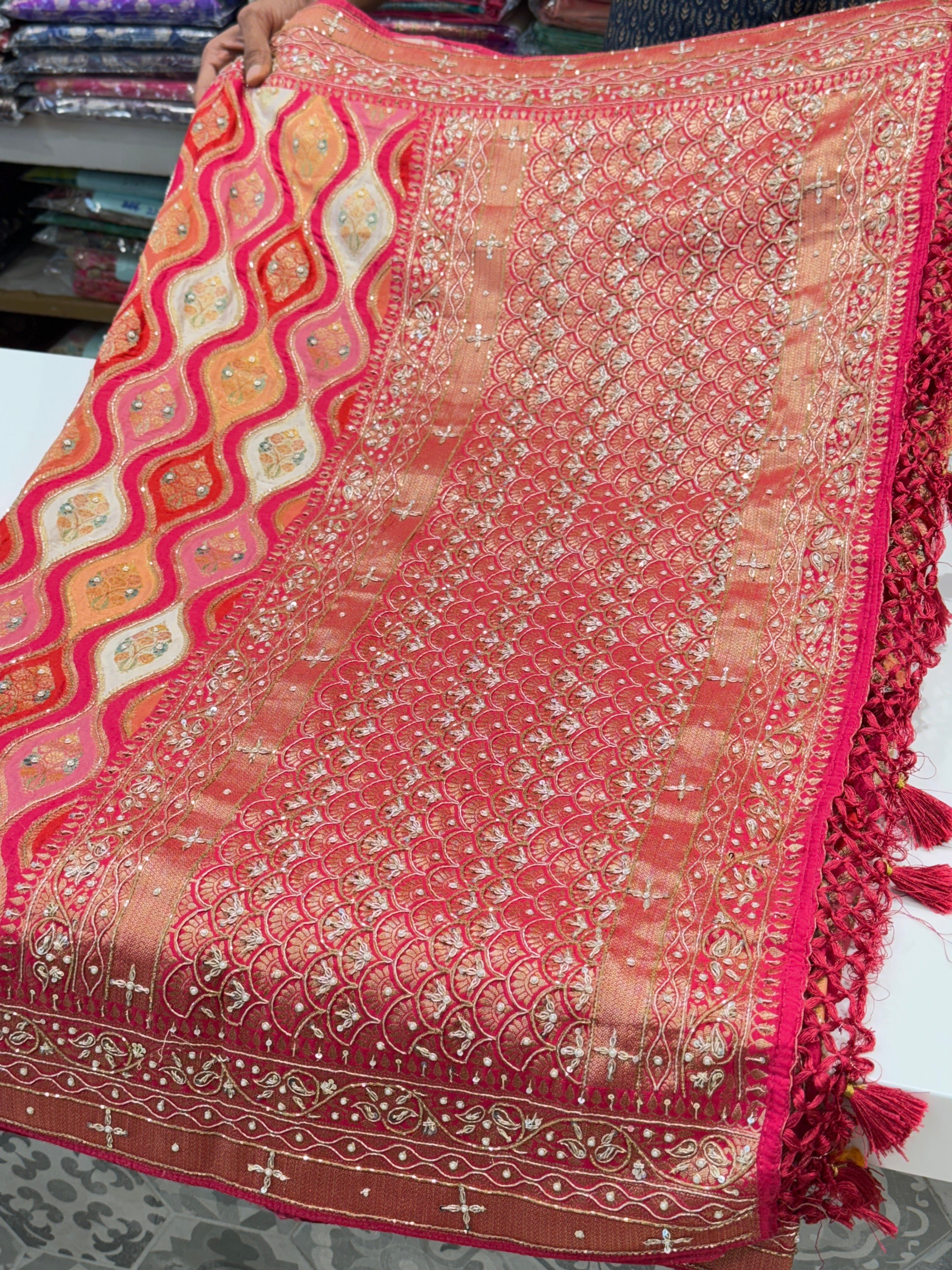 Rani Rangkat Modal Satin Zardosi Hand Embroidery Saree