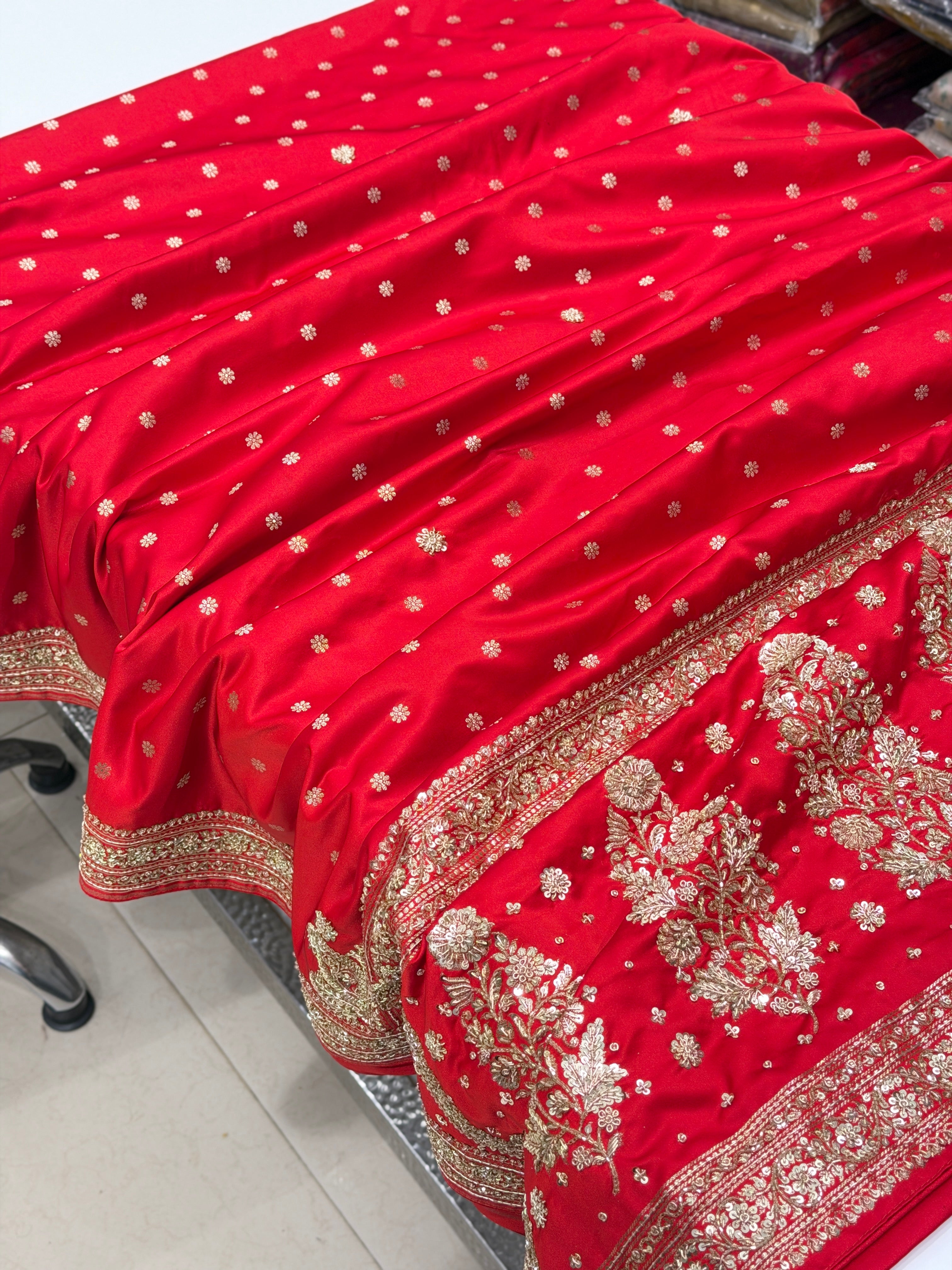 Red Banarasi Star Butti Hand Done Zardozi Saree