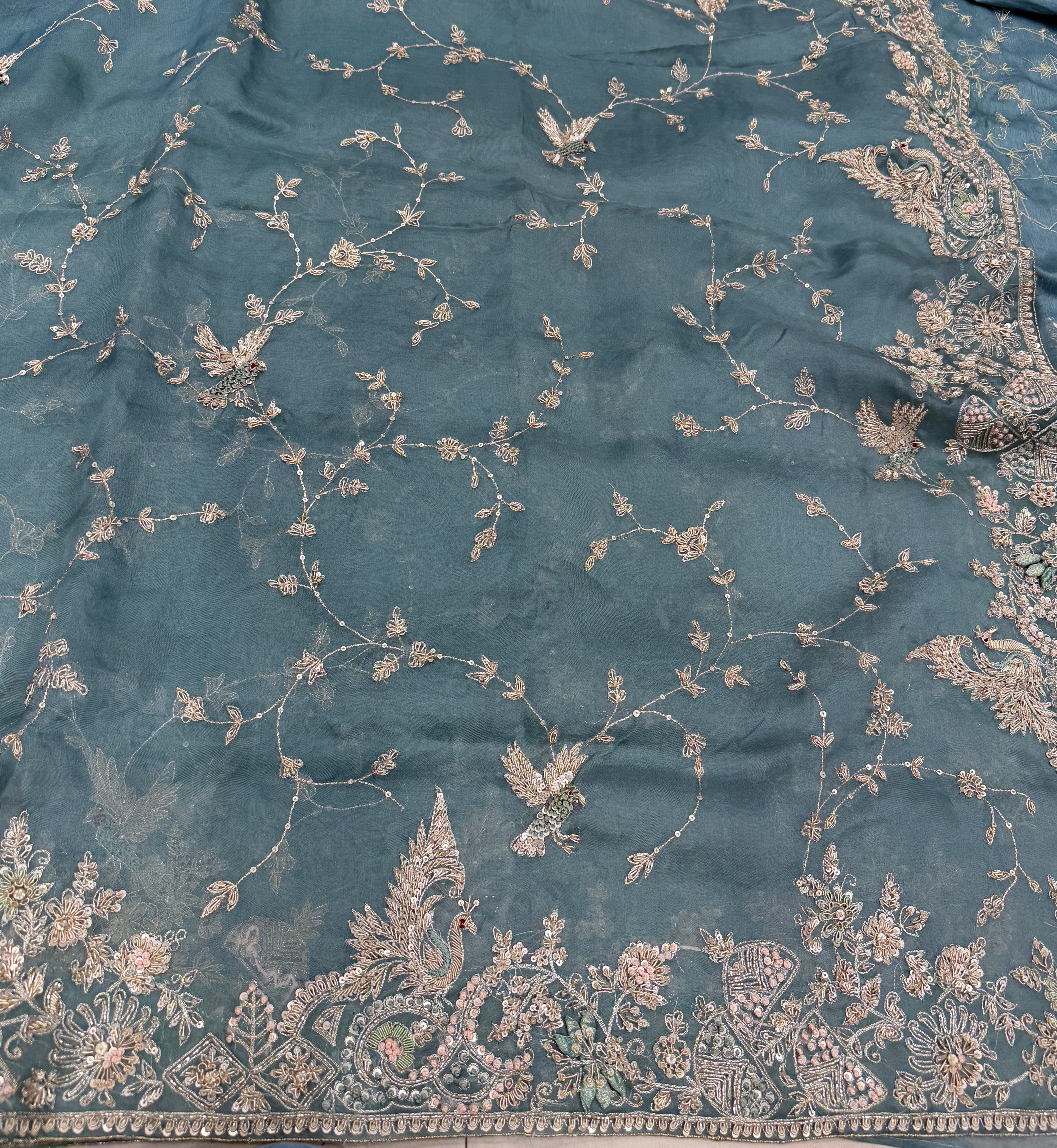 Sea Green Organza Zardosi Peacock Flying Bird Jaal Hand Embroidery Saree