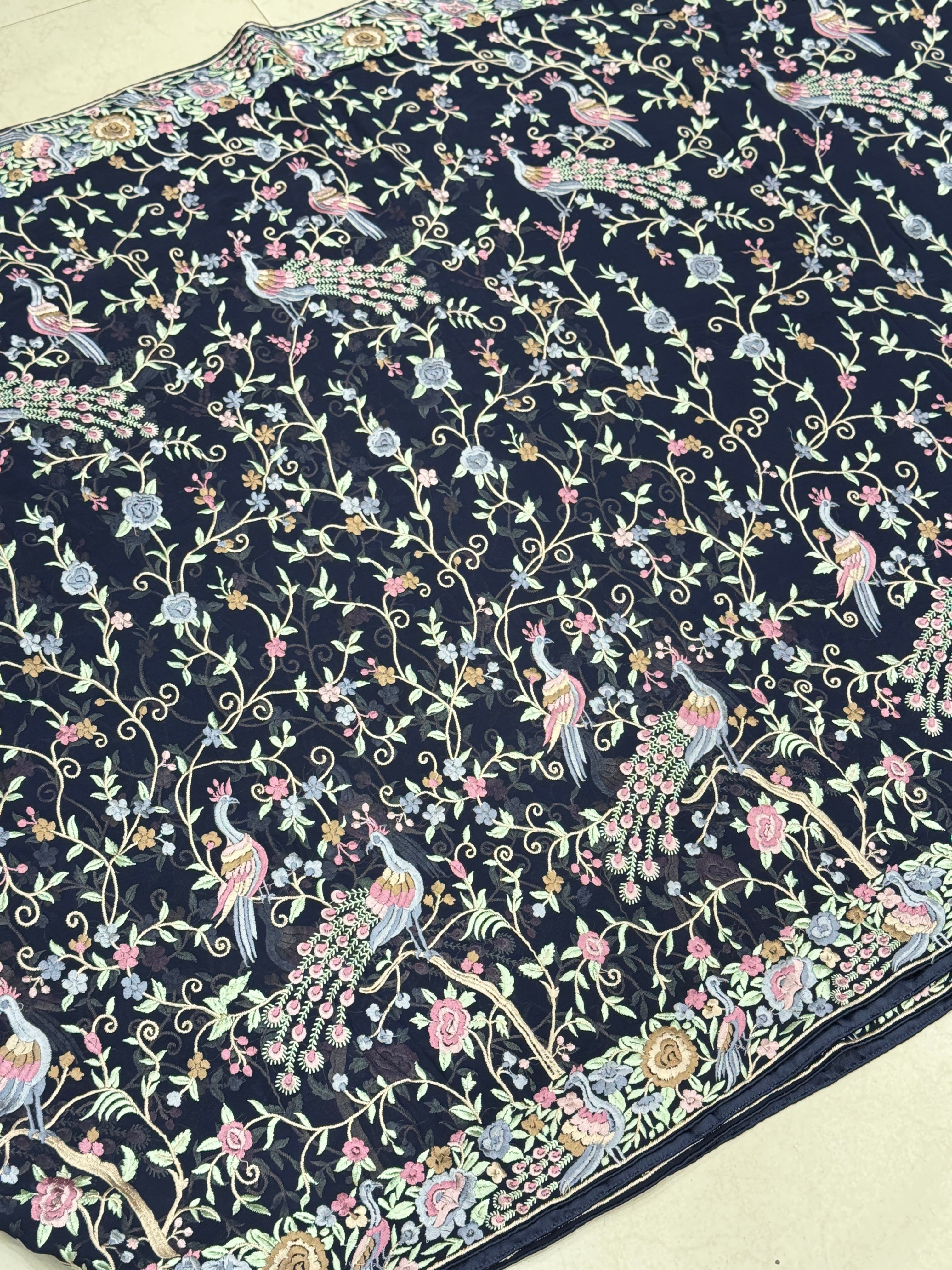 Blue Georgette Parsi Gara Peacock Design Saree
