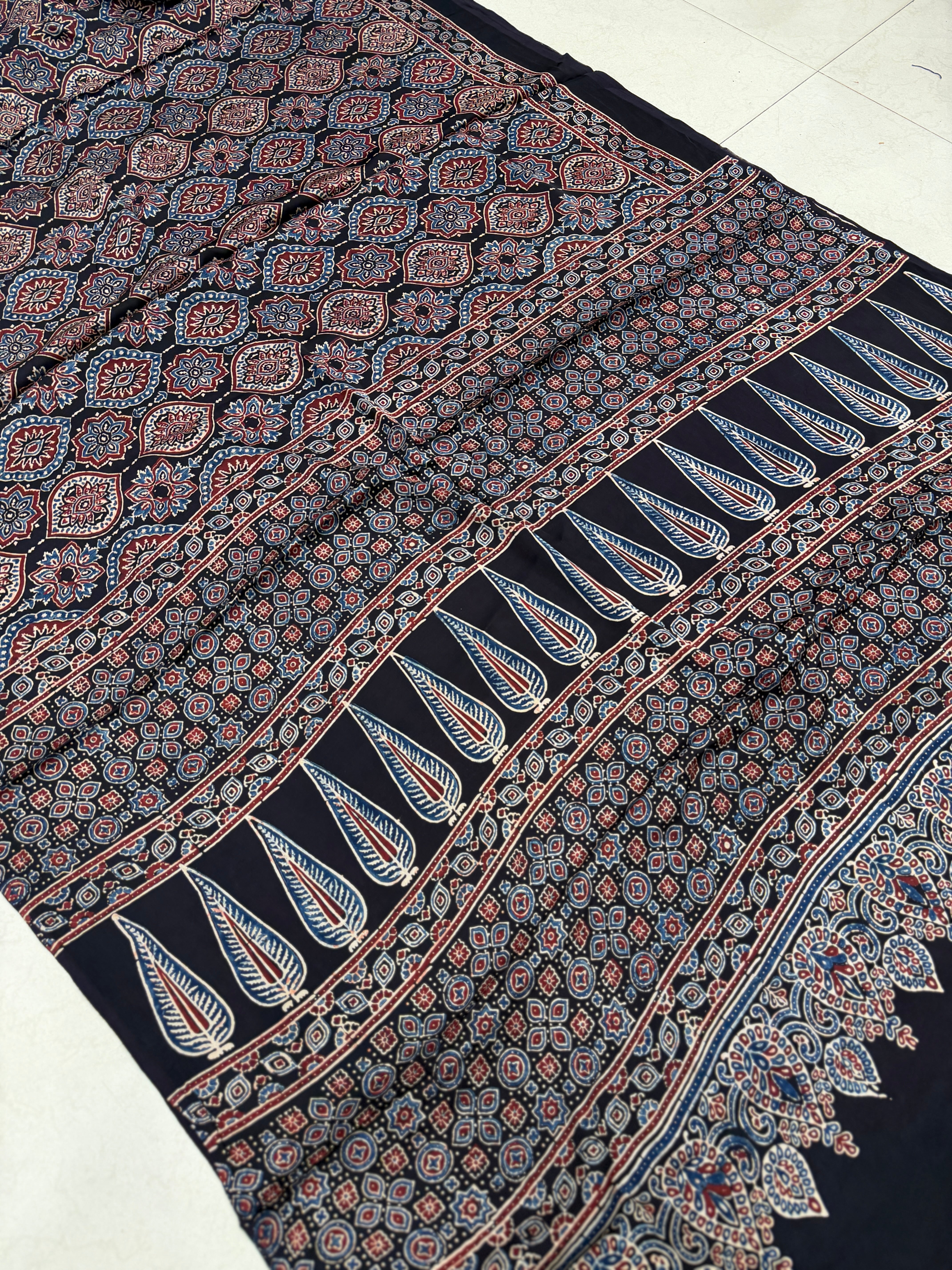 Black Badam Butta Ajrakh Block Print Hand Pure Gajji Silk Saree
