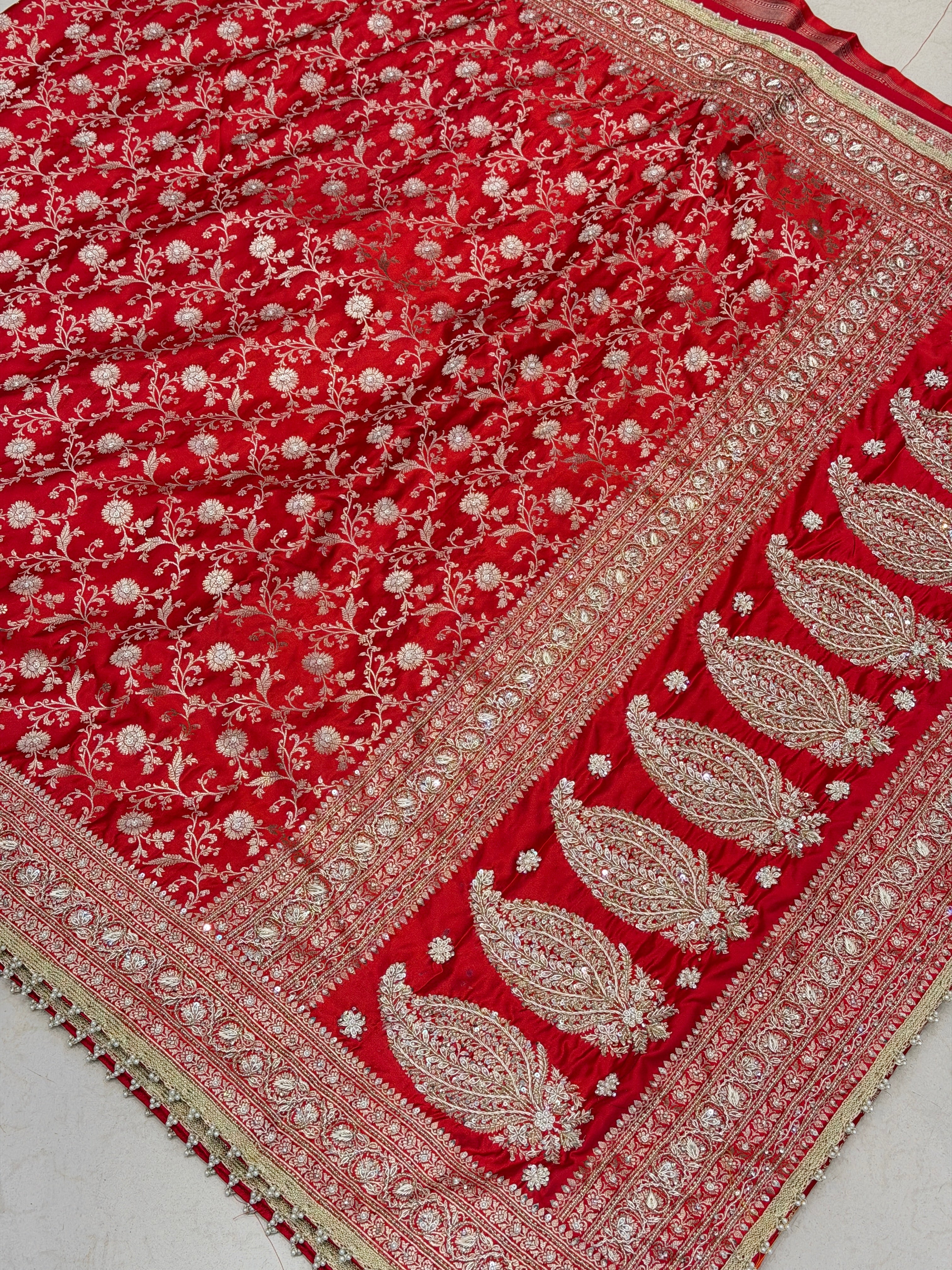 Red Banarasi Sona Roopa Jaal Zardosi Hand Embroidery Saree