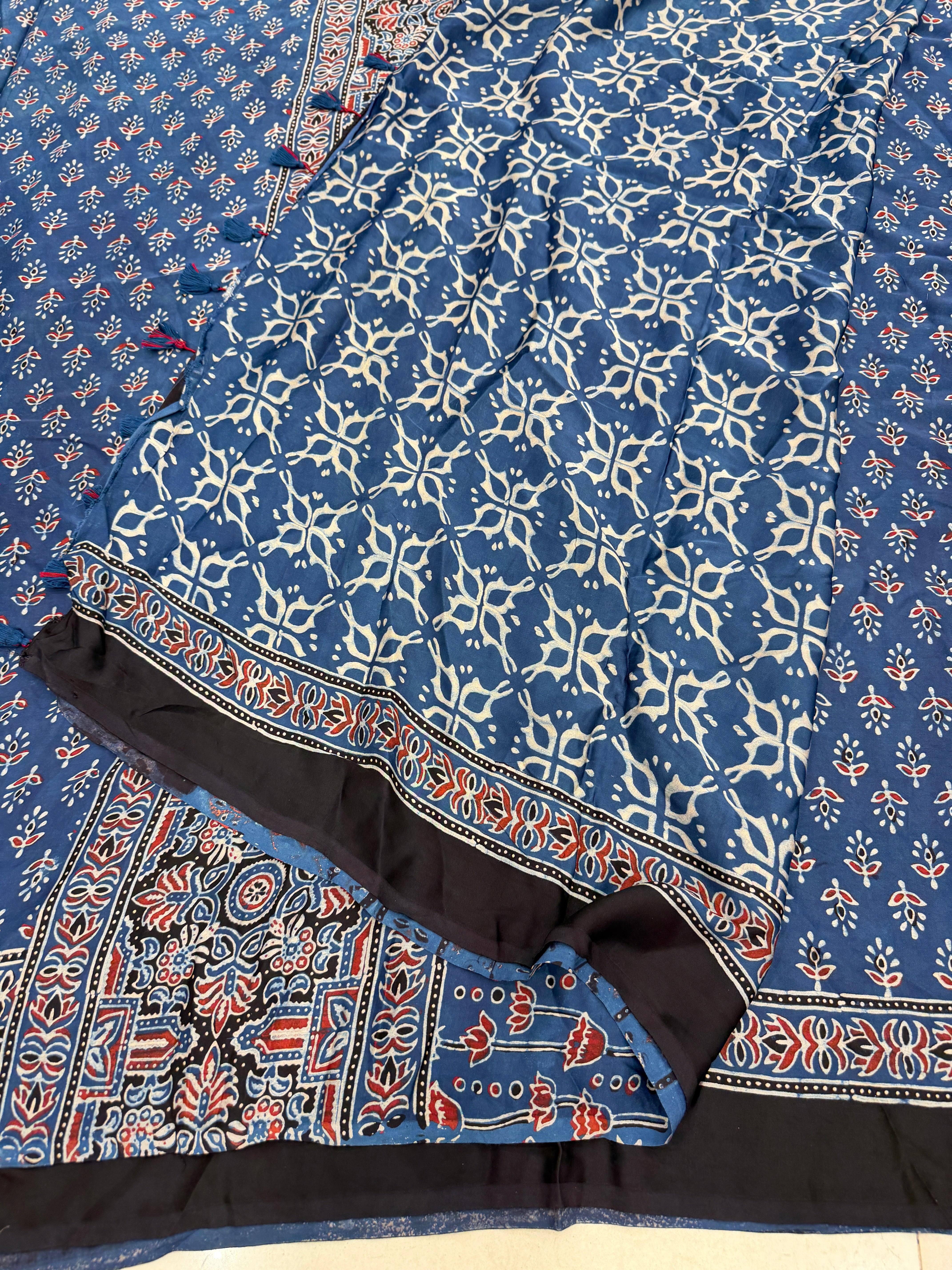 Blue Diya Buttis Ajrakh Hand Block Print Pure Gajji Silk Saree