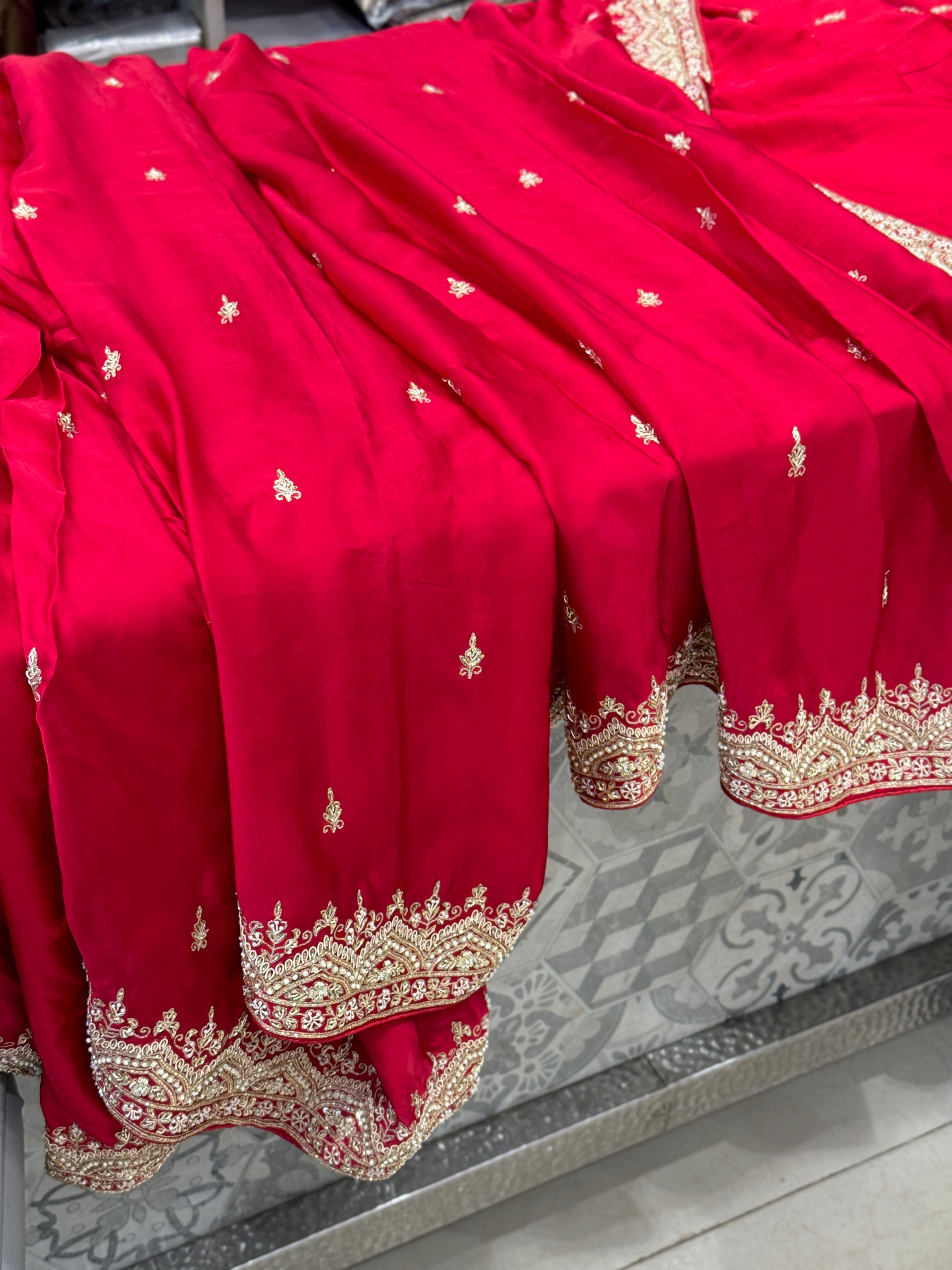 Red Satin Silk Zardosi Border Saree