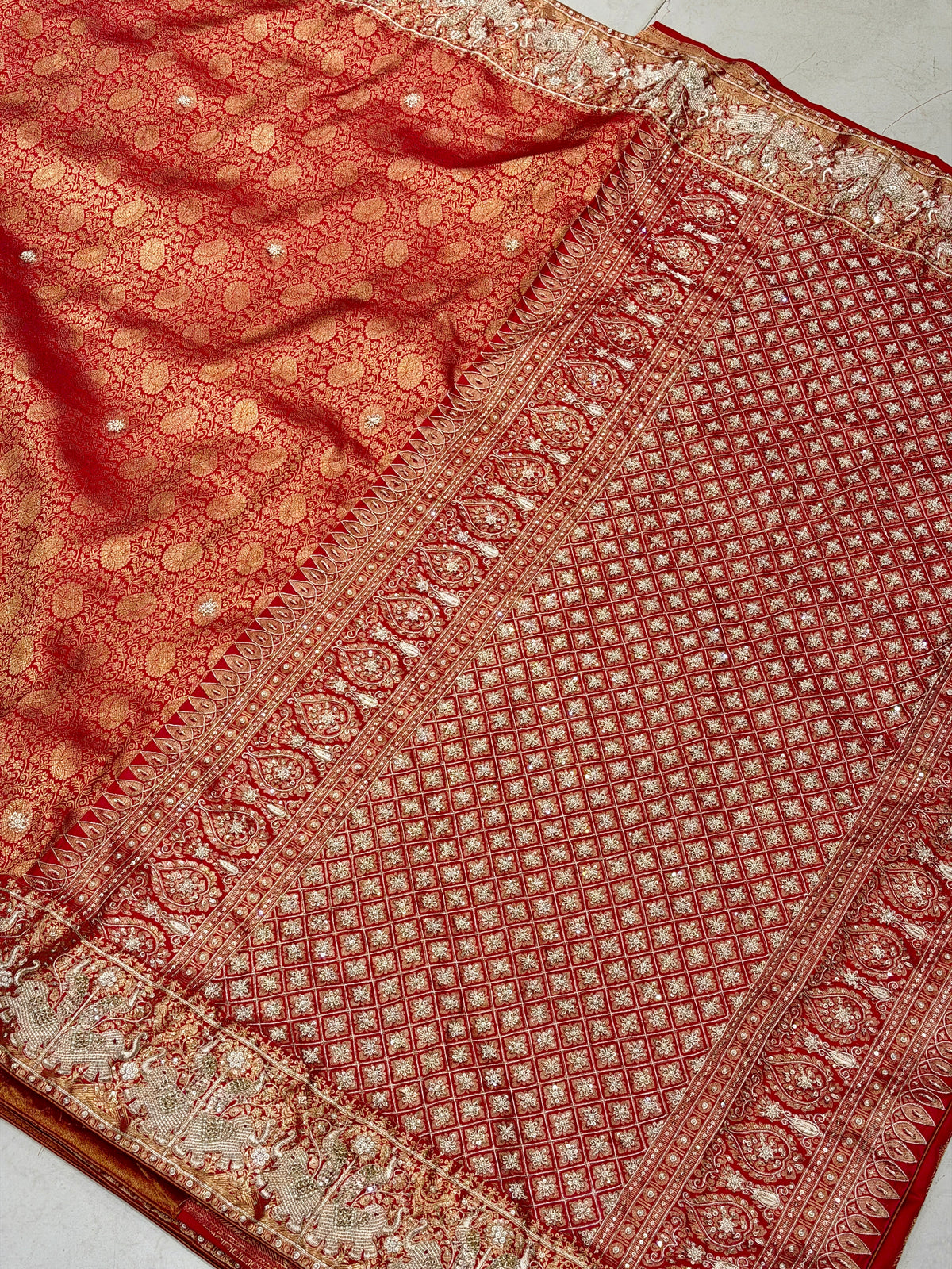 Red Kanjivaram Elephant Motifs Zardosi Hand Embroidery Saree