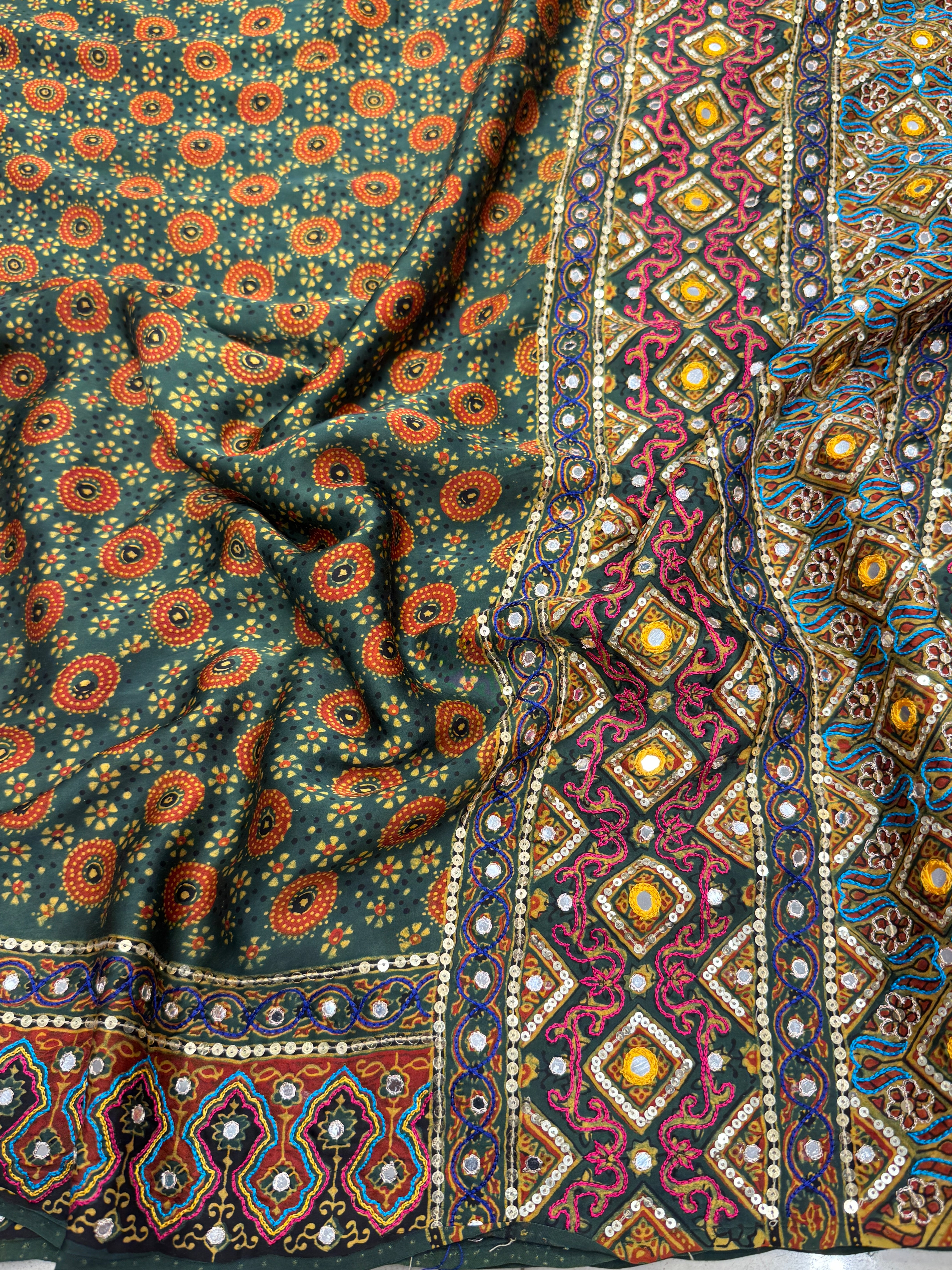 Green Kutchi Hand Embroidery Ajrakh Saree