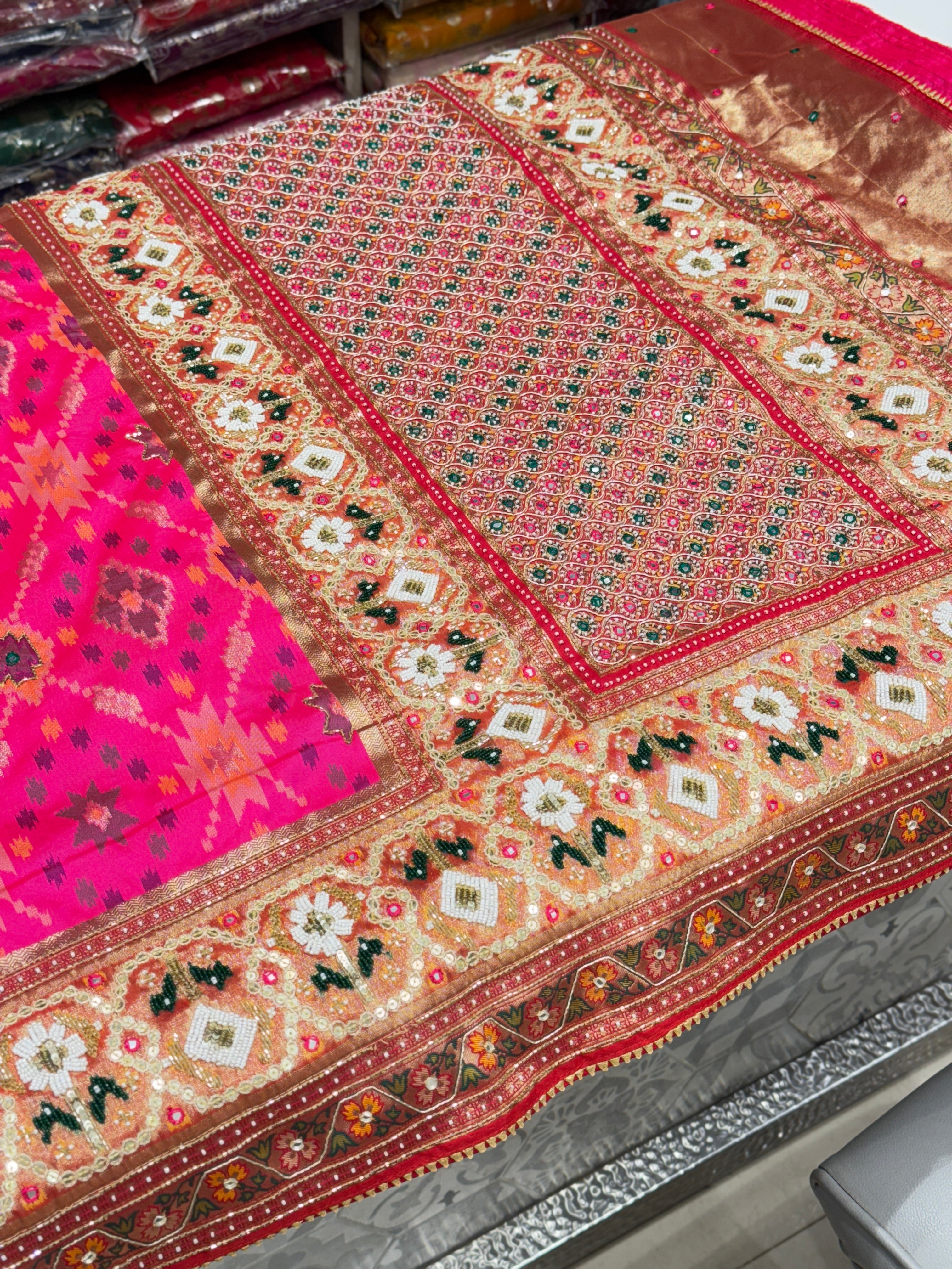 Rani Patola Kutchi Moti Embroidery Saree