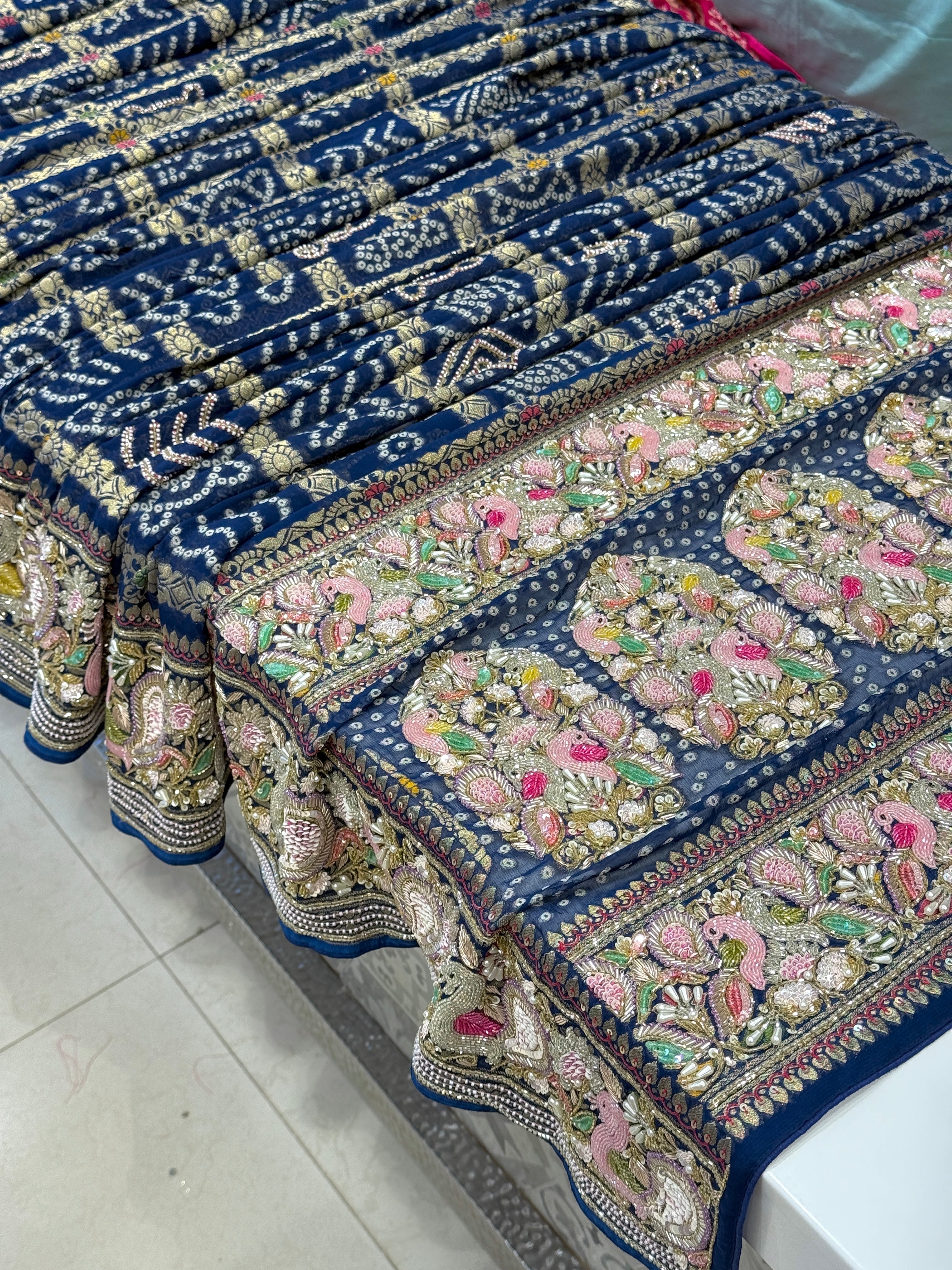 Blue Gharchola Moti Sequin Zardosi Hand Embroidery Georgette Saree