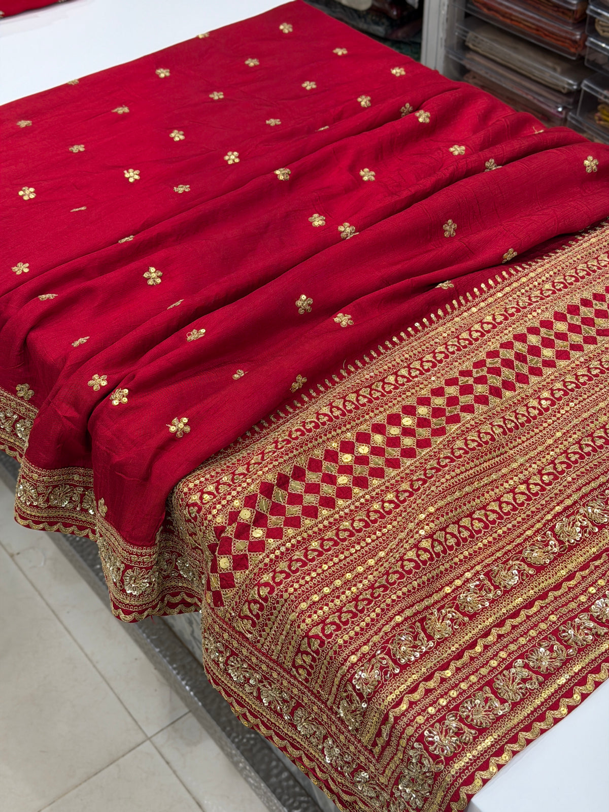 Red Heavy Pallu and Buttis Sabyasachi Inspired Marodi Embroidery Zardosi Saree
