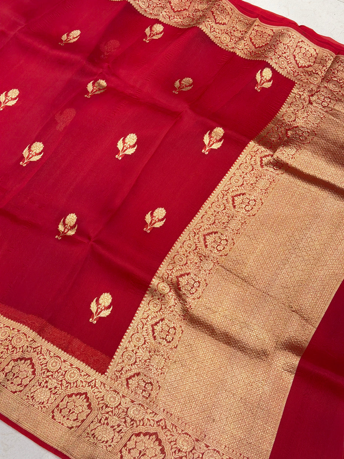 Red Buttas Handloom Banarasi Kora Silk Saree