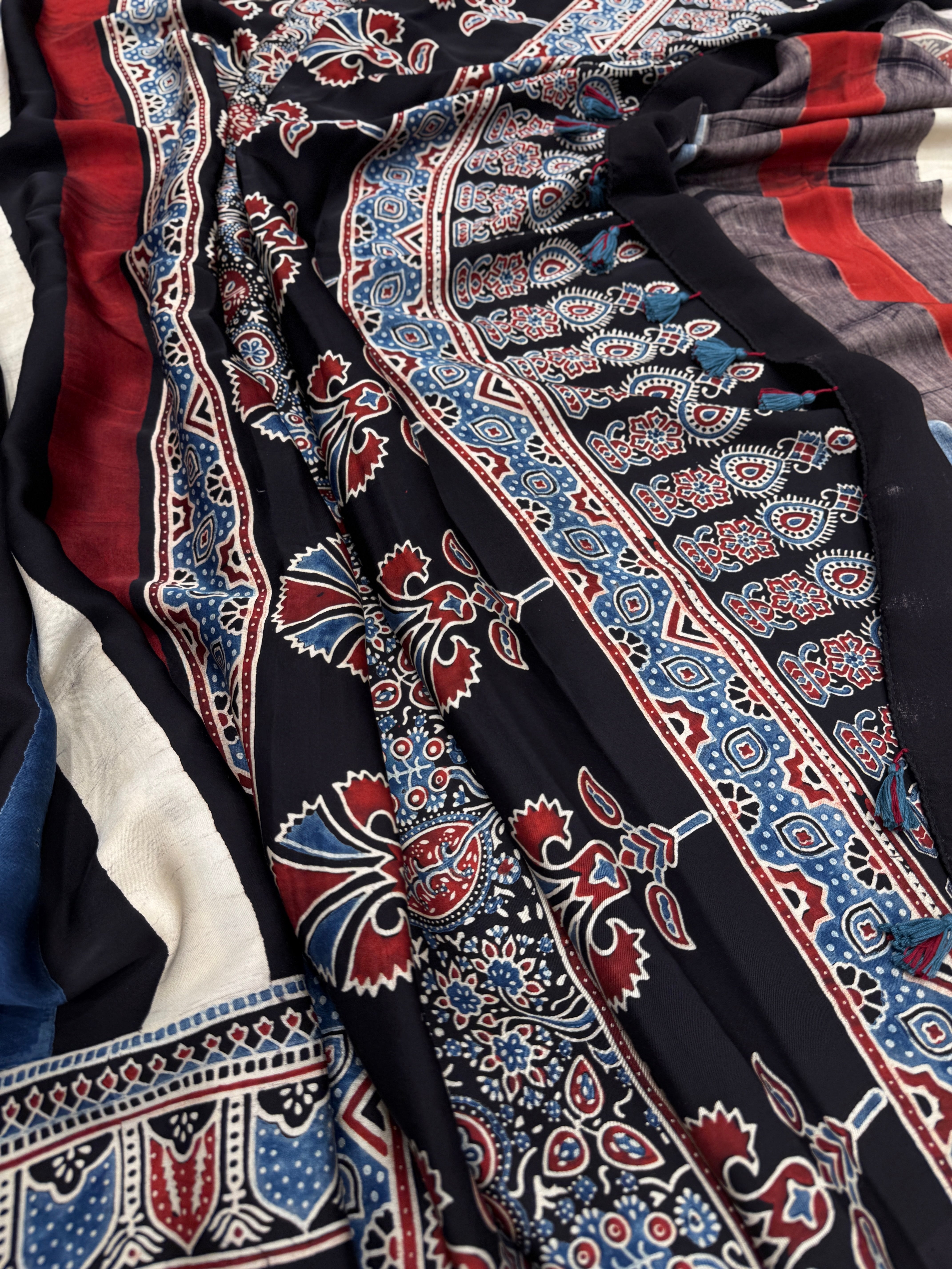 Contemporary Multi Ajrakh Block Print Hand Pure Gajji Silk Saree