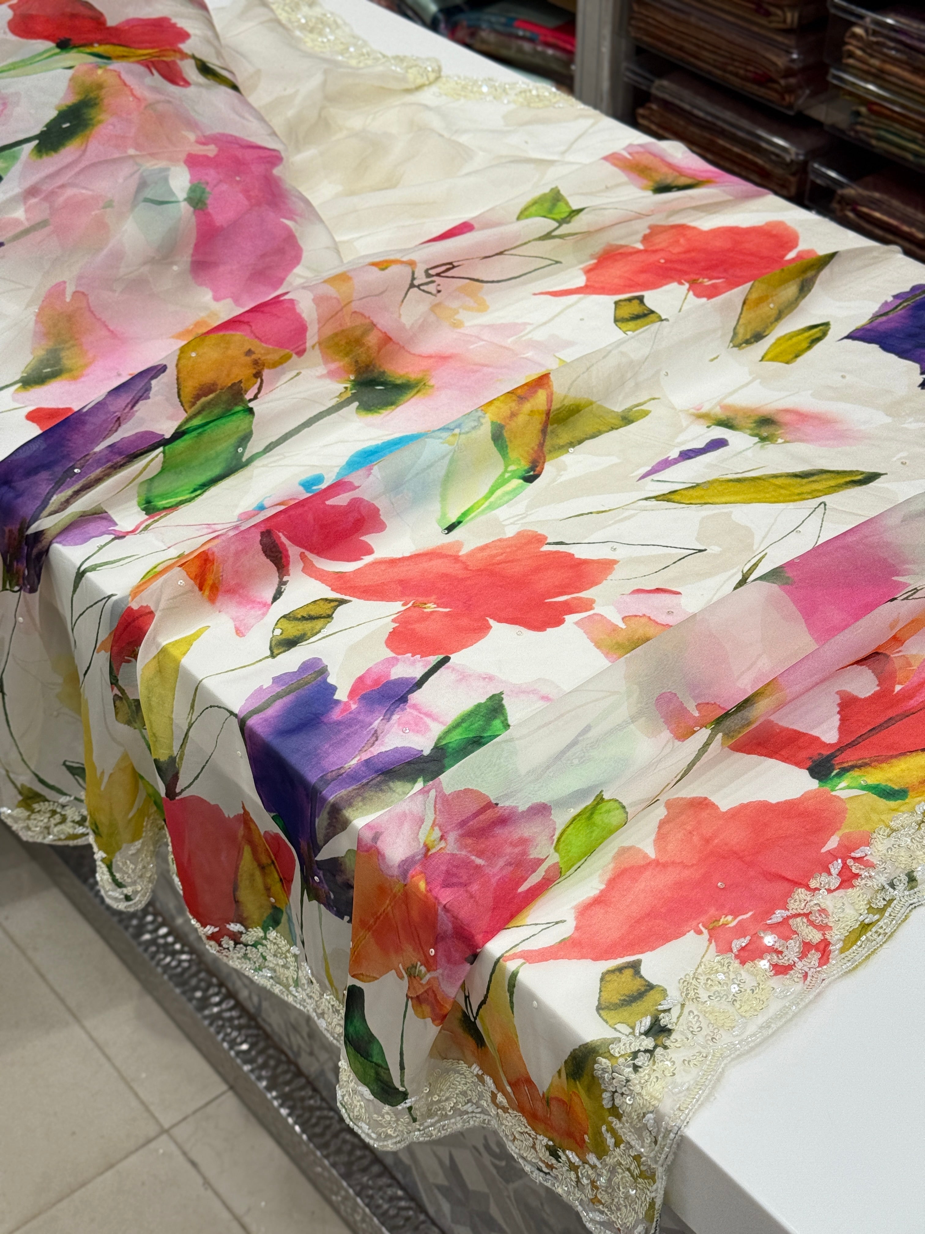 Multi Colour Print Muslin Border Heavy Hand Embroidery Saree