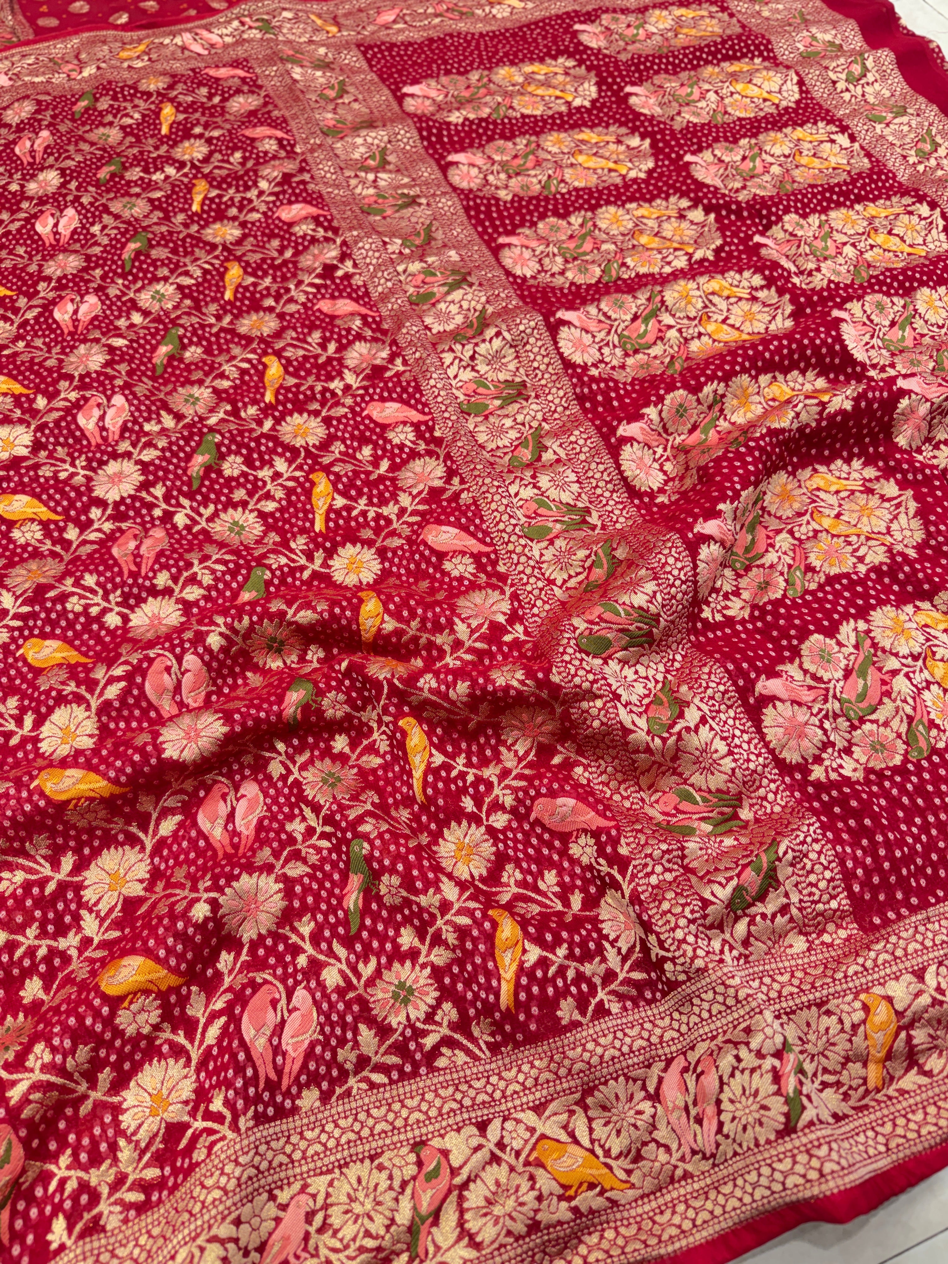 Red Woven Bandhej Meenakari Parrot Motif Saree