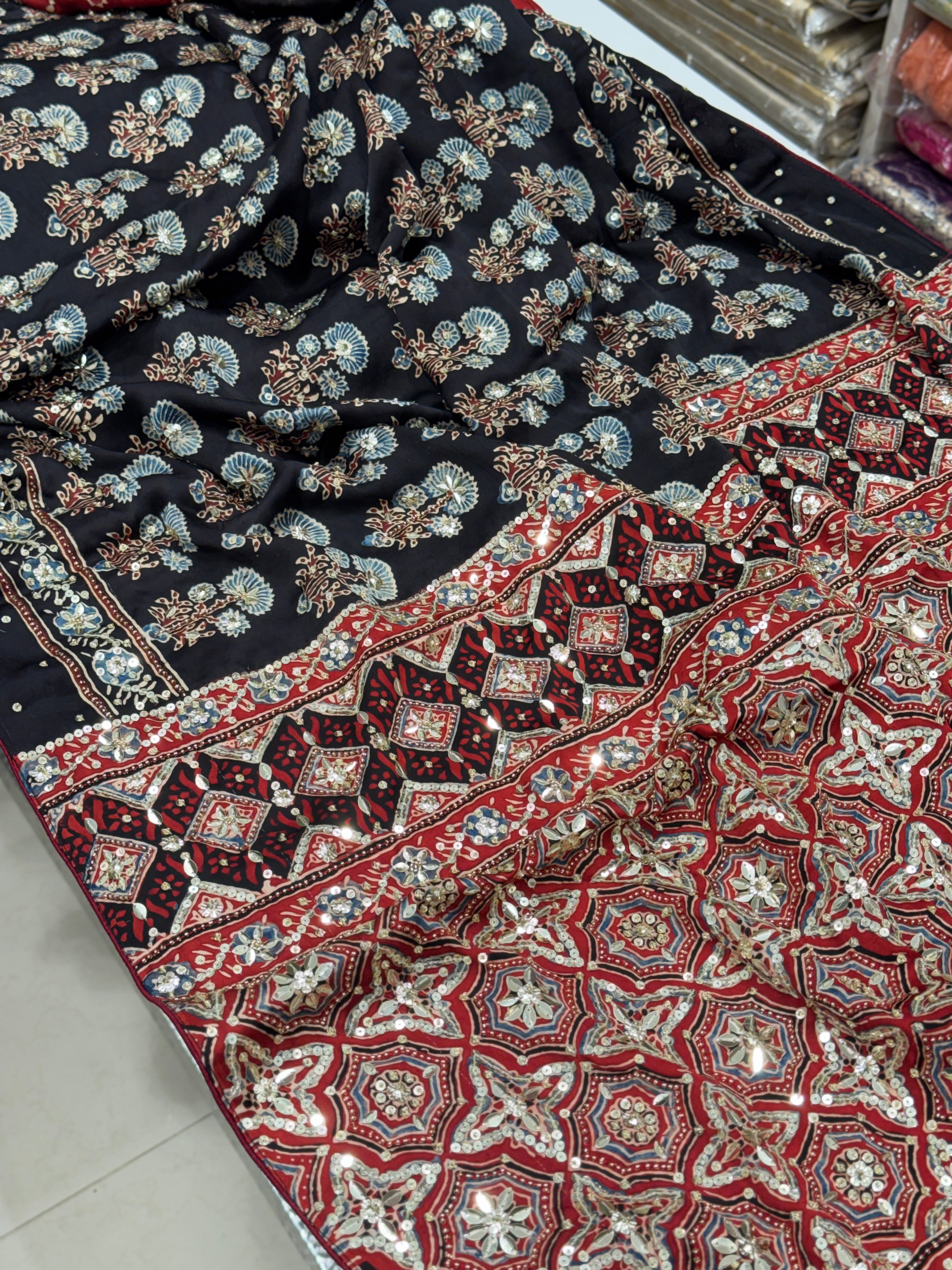 Black Red Ajrakh Buttas Sequins Hand Embroidery Saree
