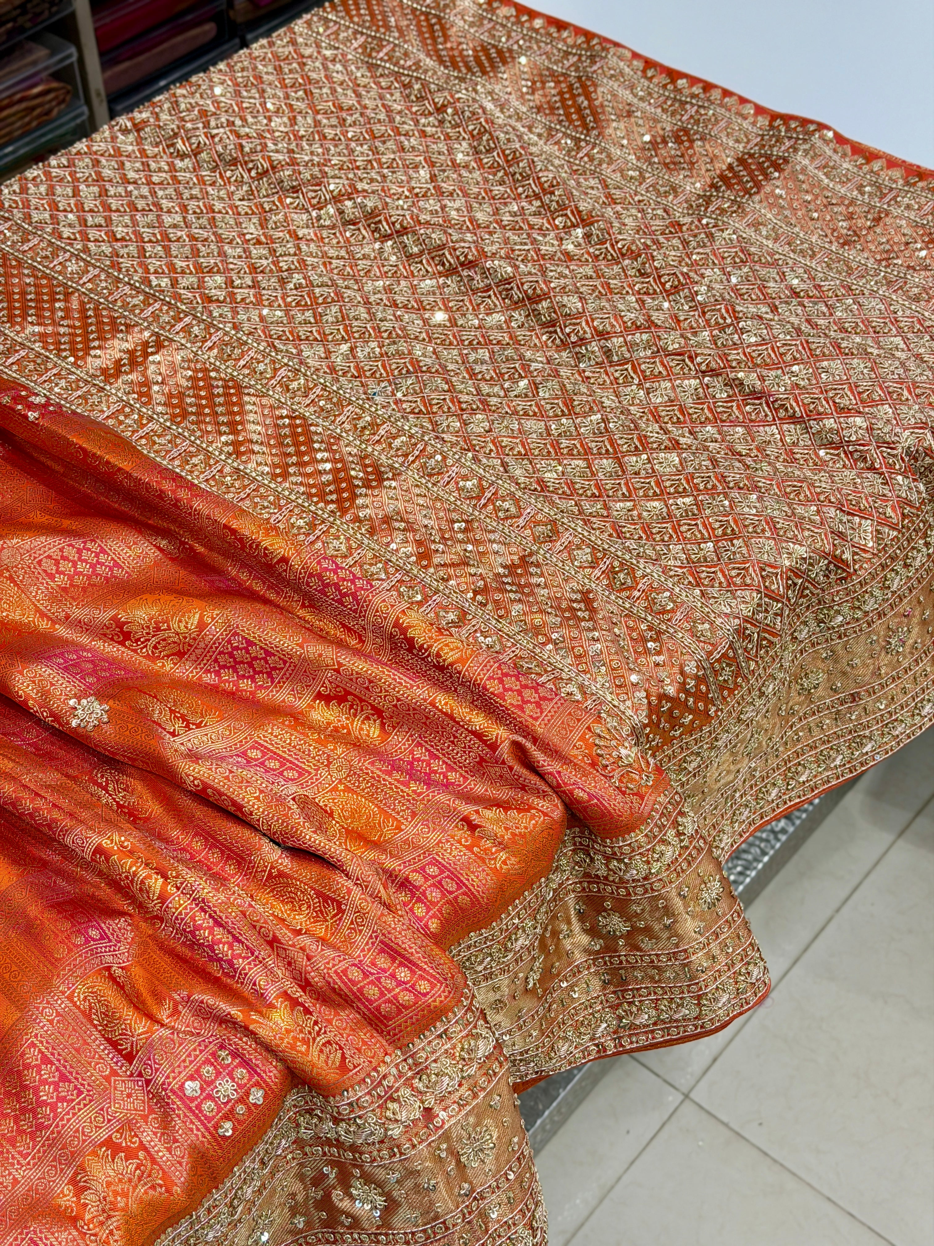 Orange Kanjivaram Zardosi Hand Embroidery Saree