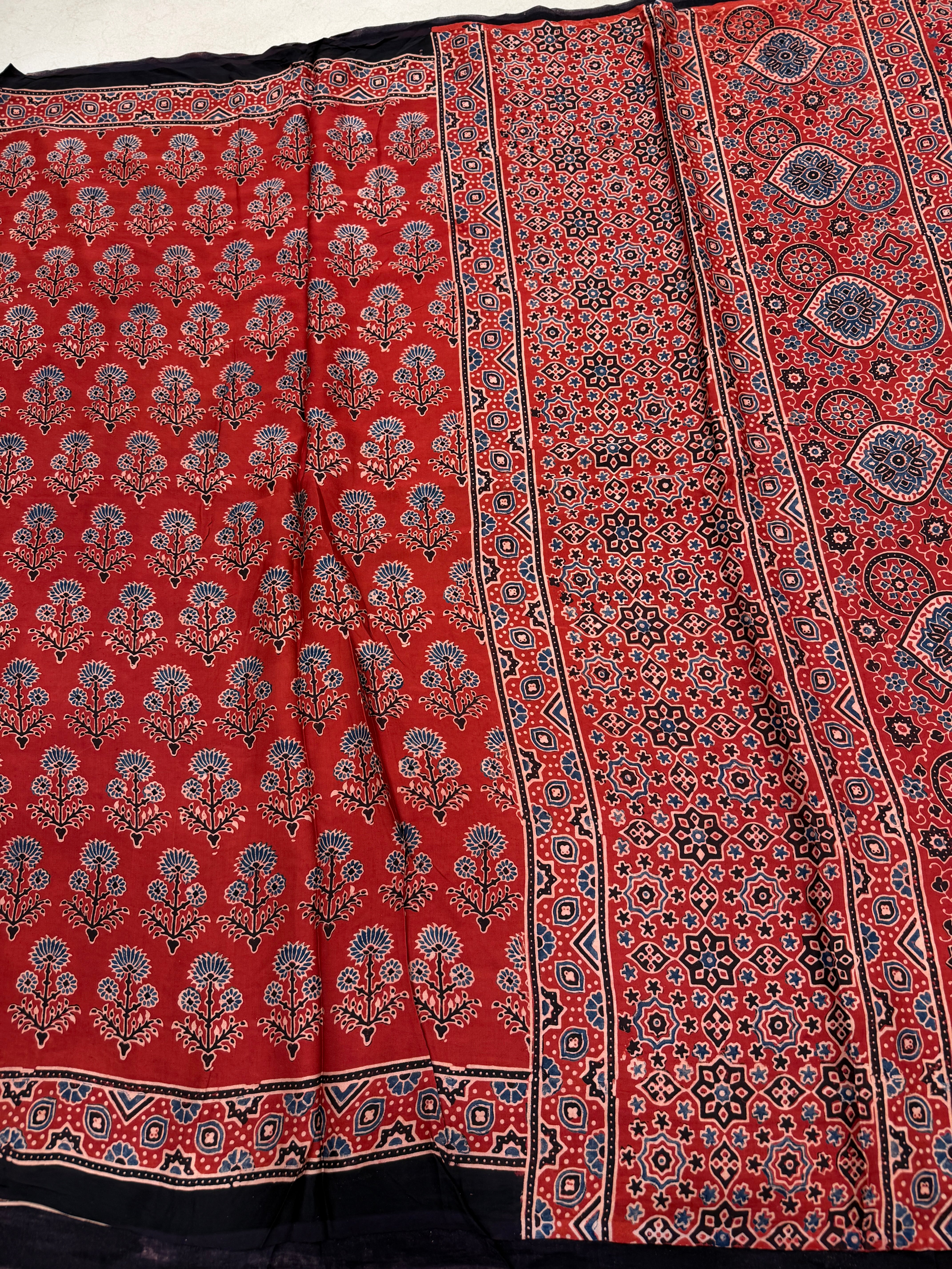 Red Buttas Ajrakh Hand Block Print Pure Gajji Silk Saree