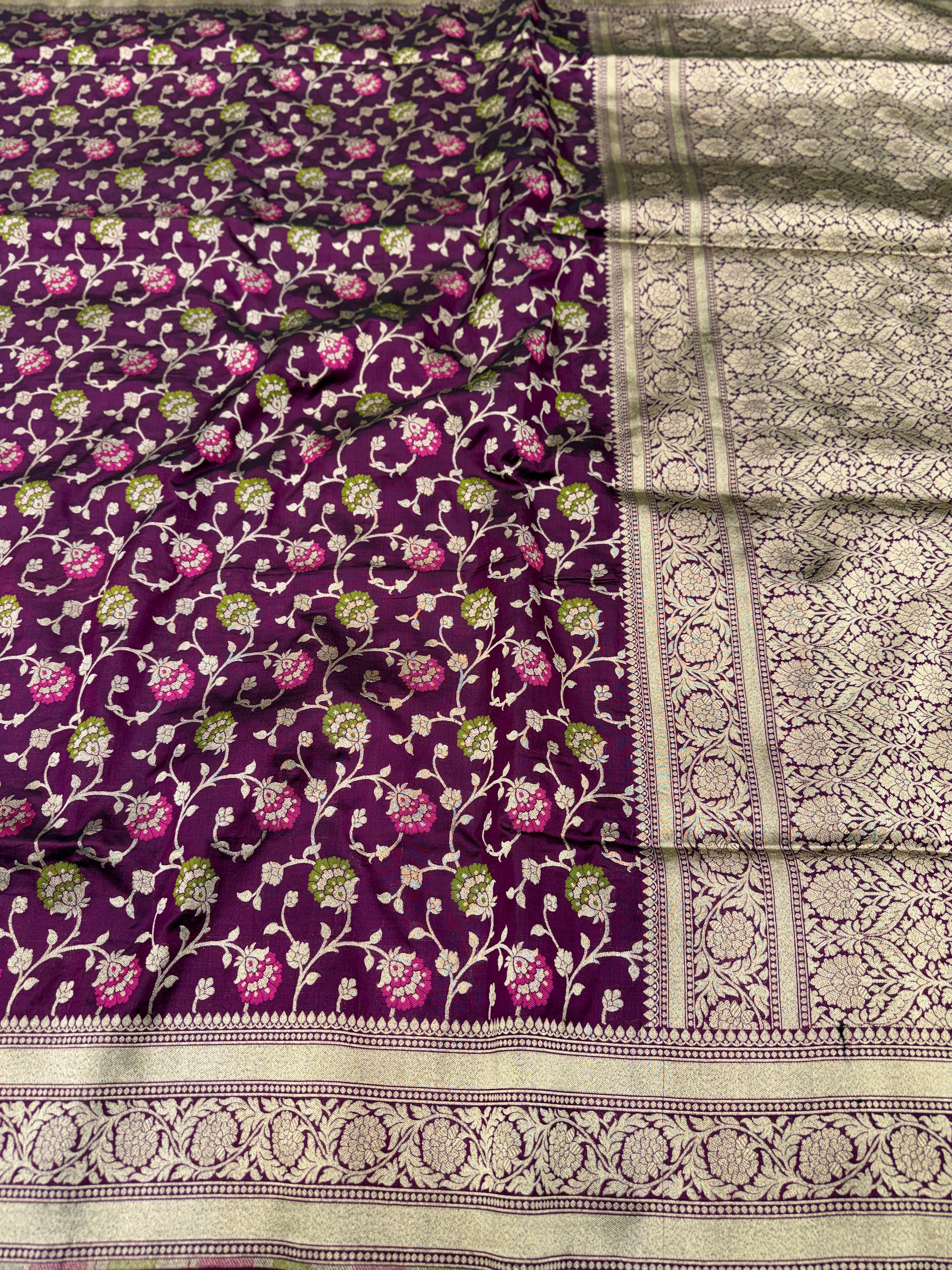 Wine Handloom Meenakari Jaal Katan Silk Saree
