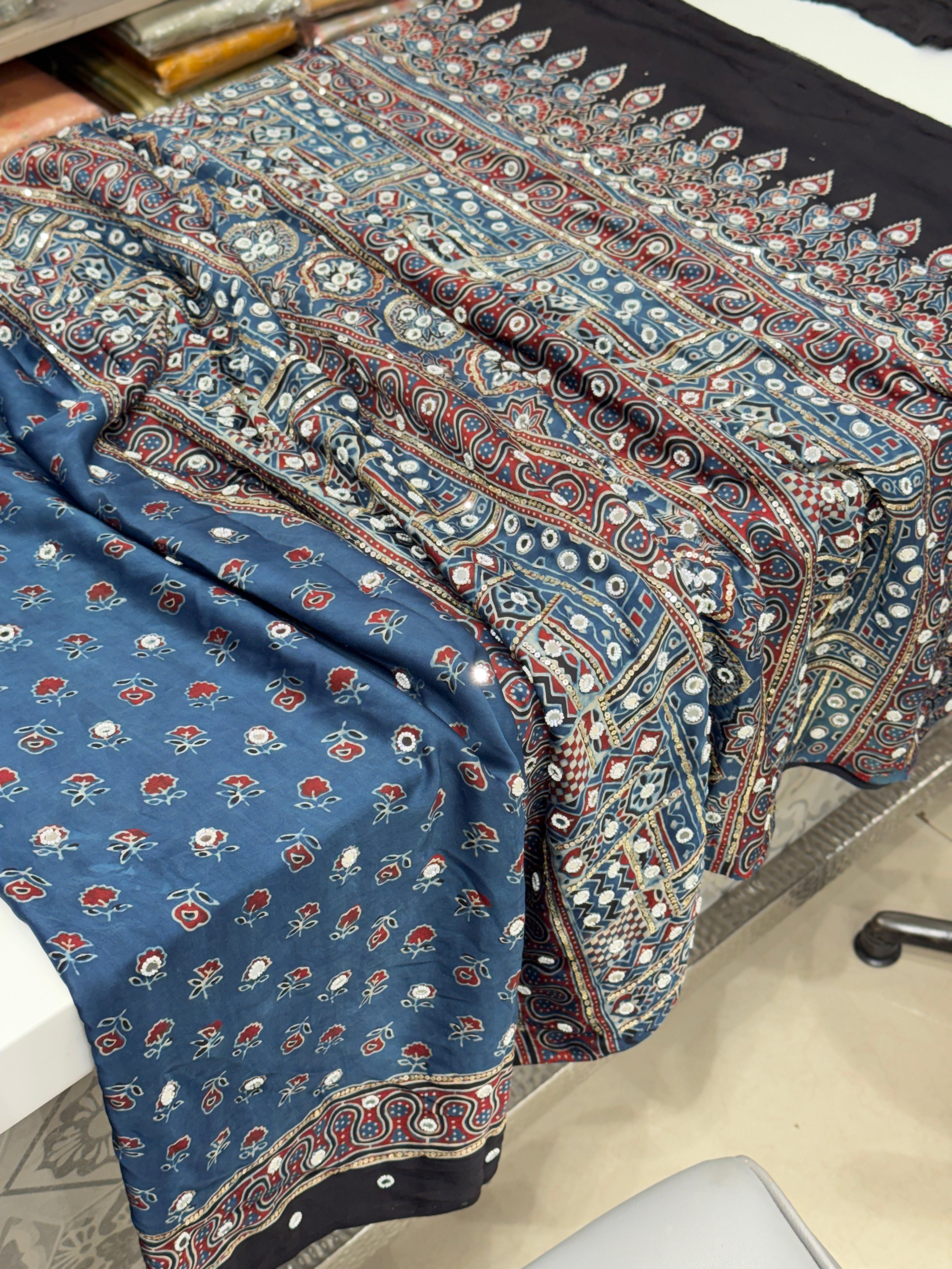 Blue Ajrakh Buttis Sequin Mirror Moti Hand Embroidery Saree