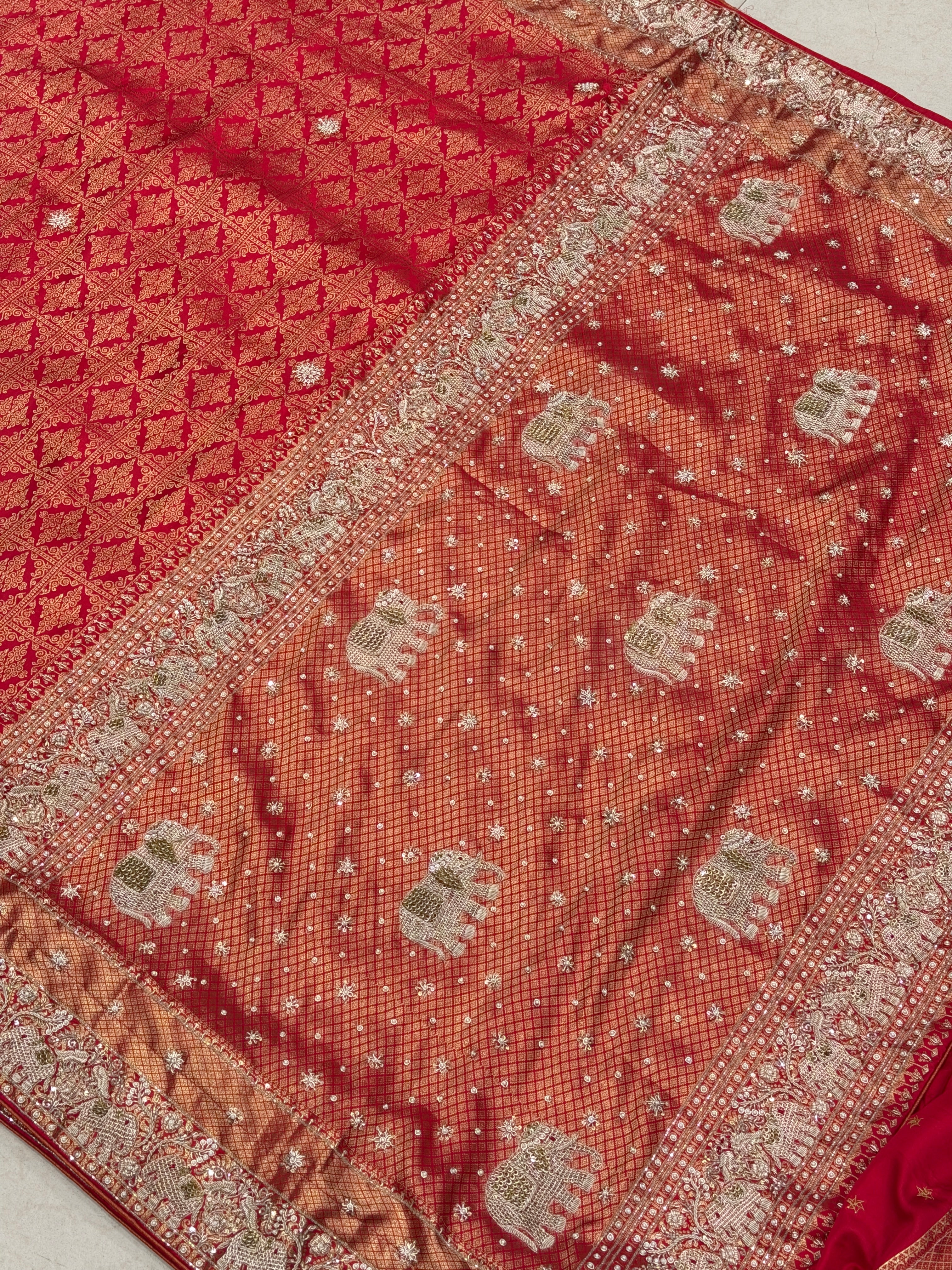 Red Pure Silk Kanjivaram Elephant Motif Hand Embroidery Saree