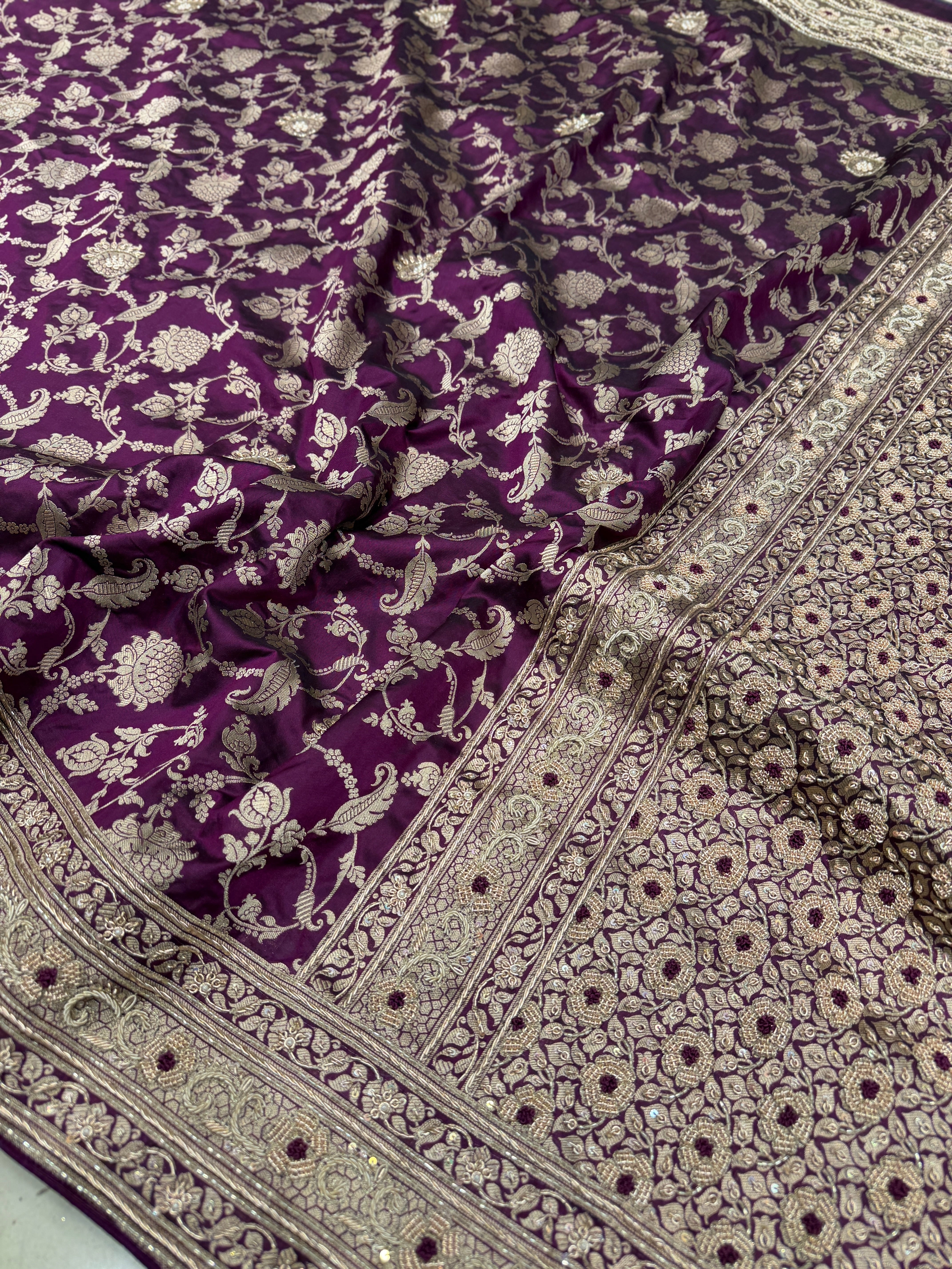 Wine Jaal Handloom Banarasi Katan Silk Zardosi Hand Embroidery Saree