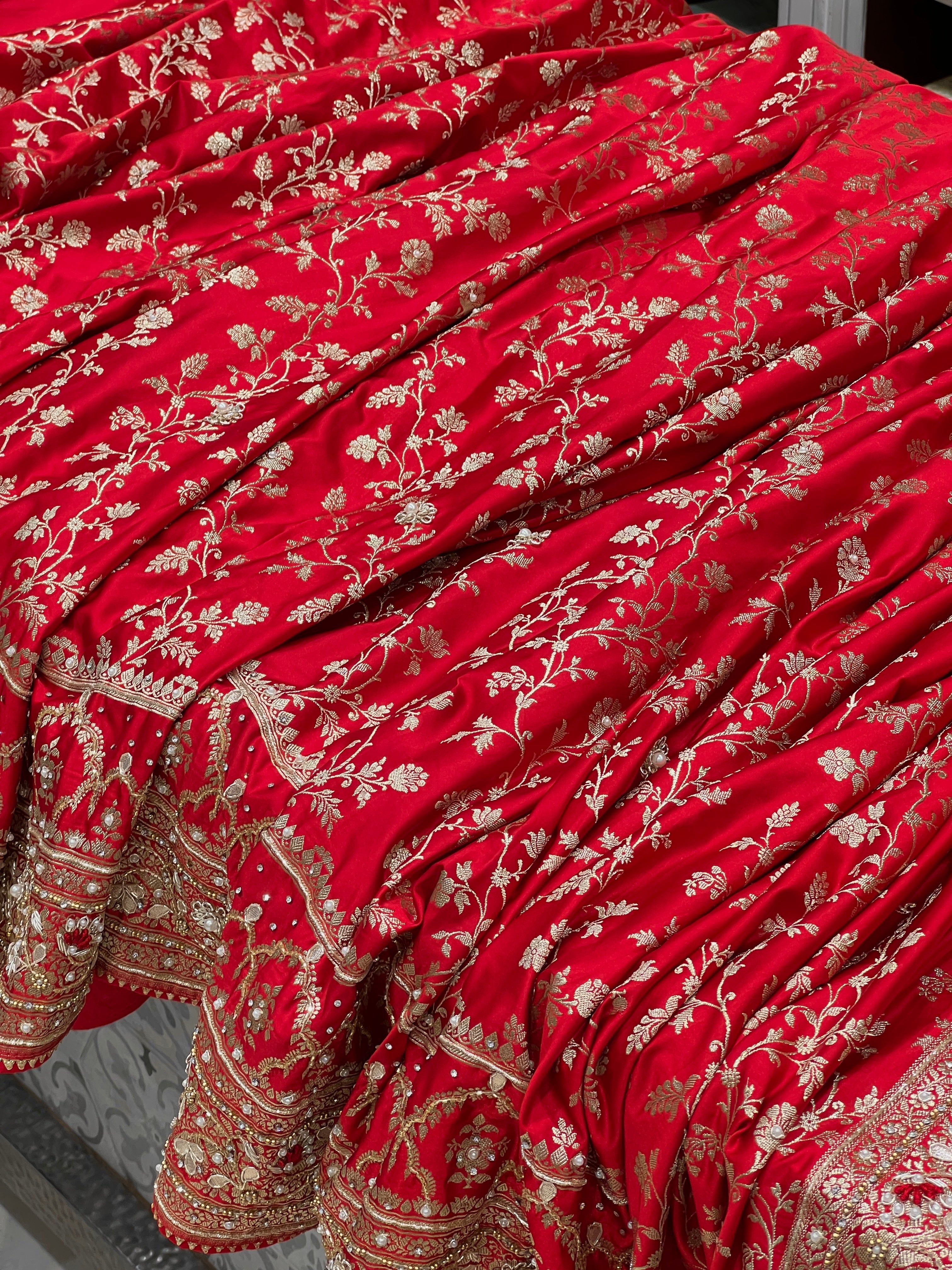 Red Banarasi Crown Border Zardosi Resham Hand Embroidery Saree