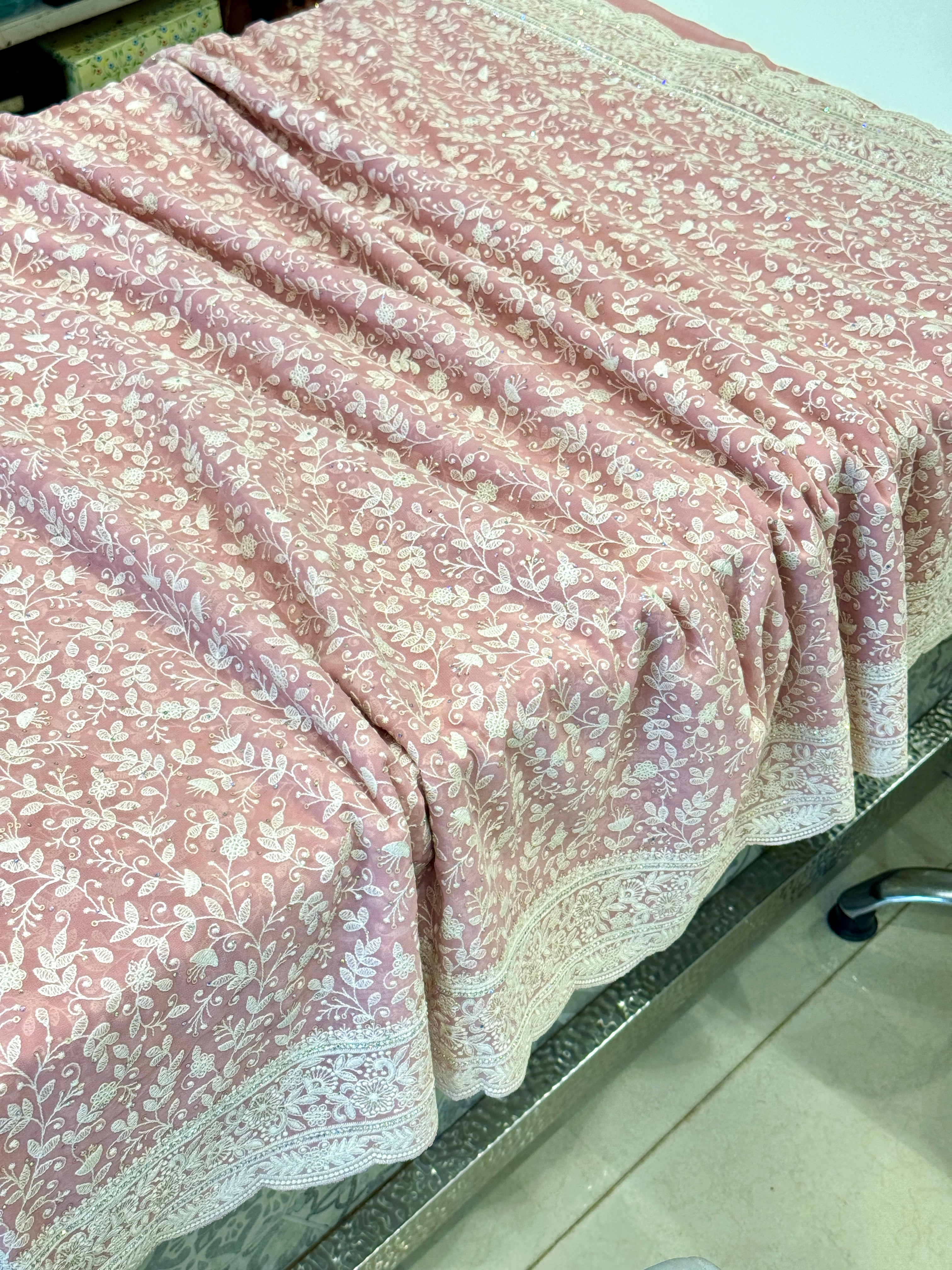 Pink Chikankari Scallop Design Saree