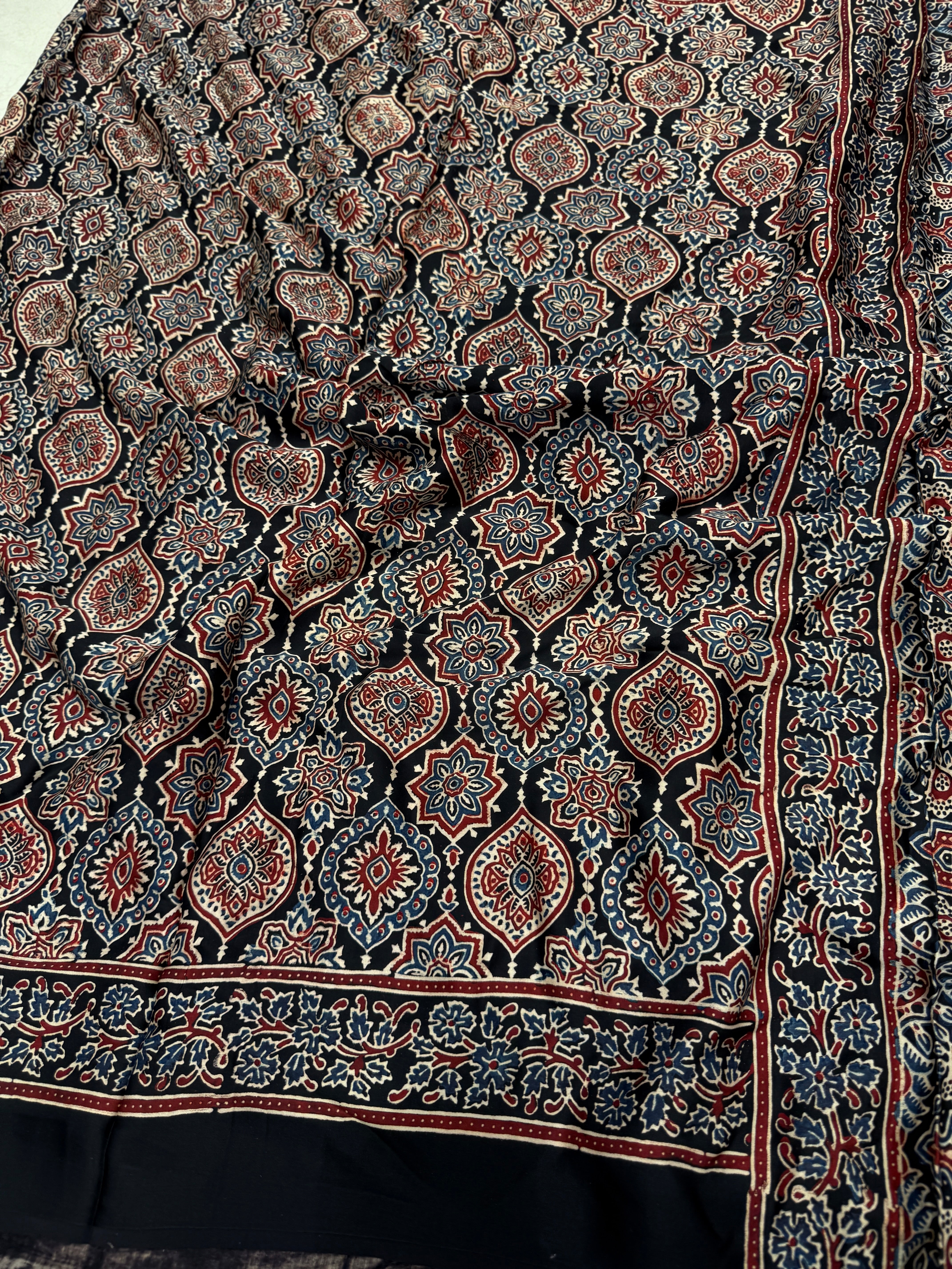 Black Badam Jaal Ajrakh Block Print Hand Pure Gajji Silk Saree