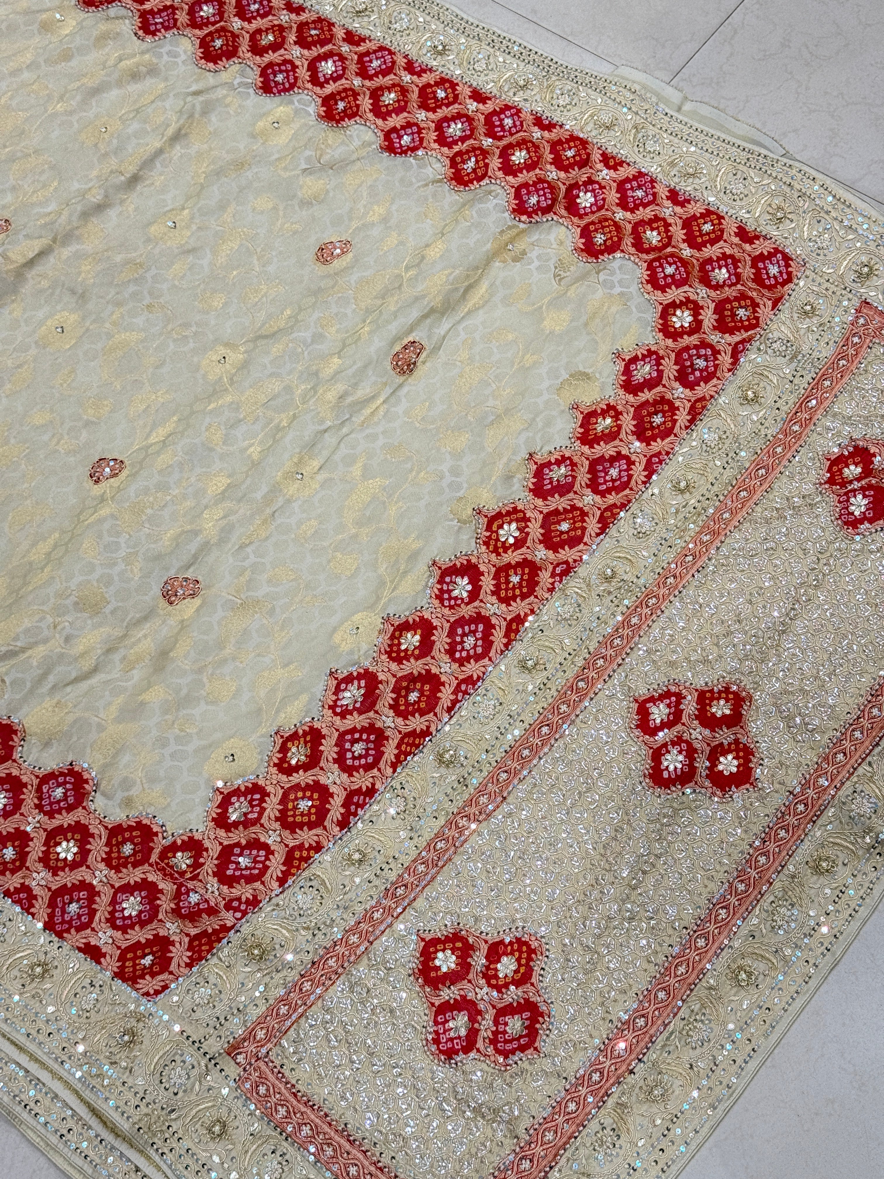 Beige Crepe Tissue Bandhani Patch Hand Embroidery Saree