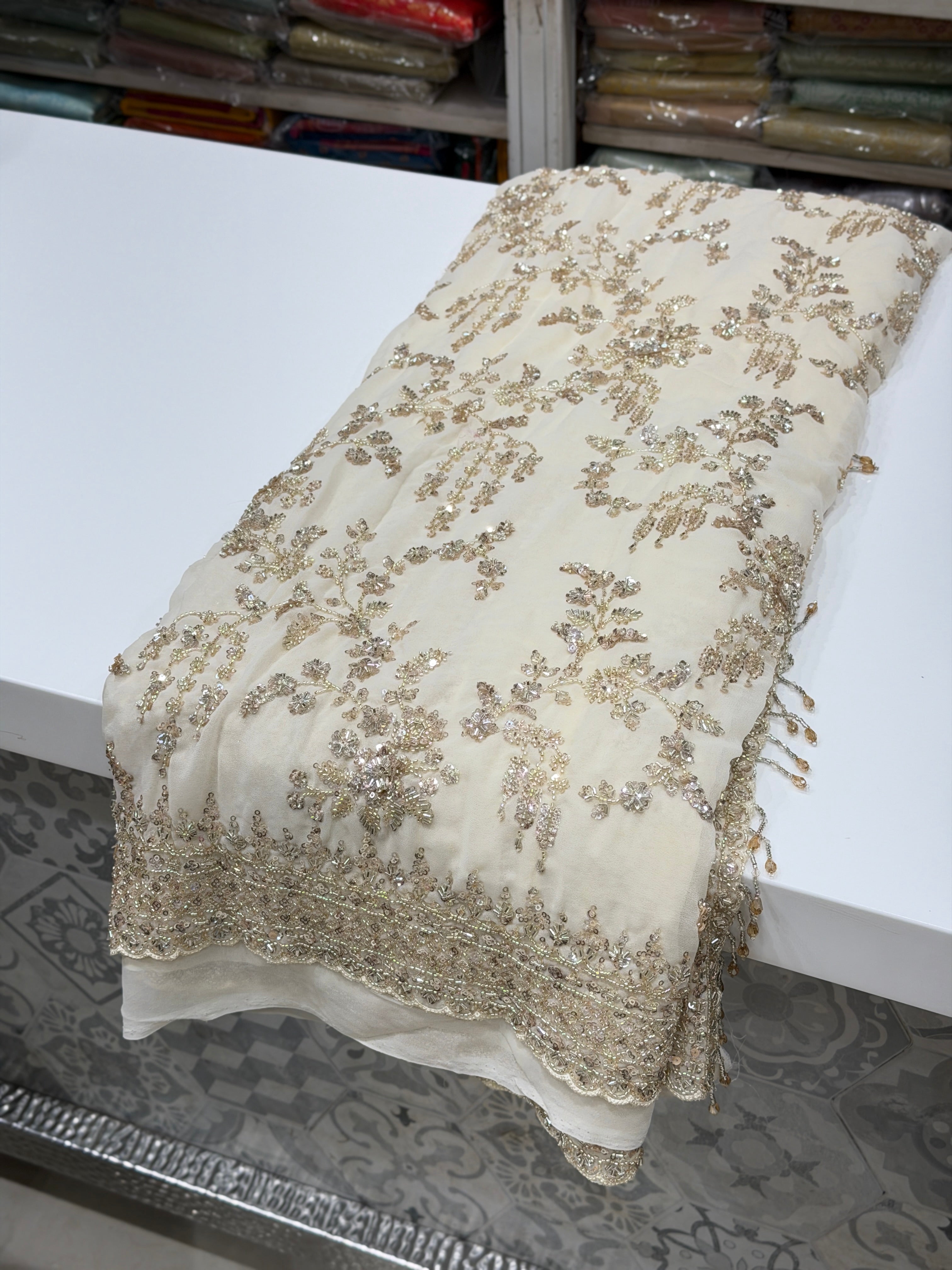Moti White Manish Malhotra Inspired Georgette Moti Sequin Jaal Saree