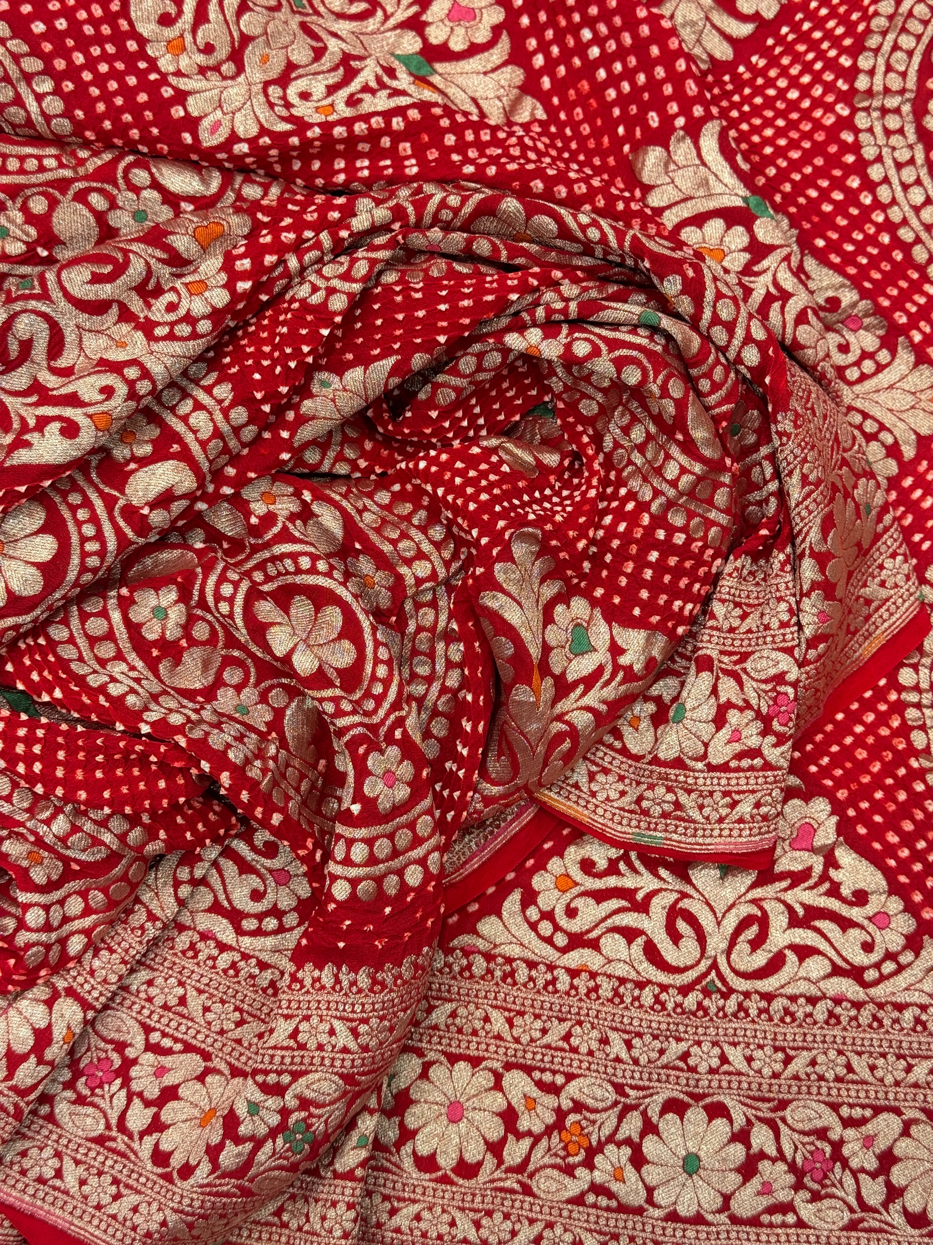 Red Rai Bandhej Weaved Handloom Georgette Saree