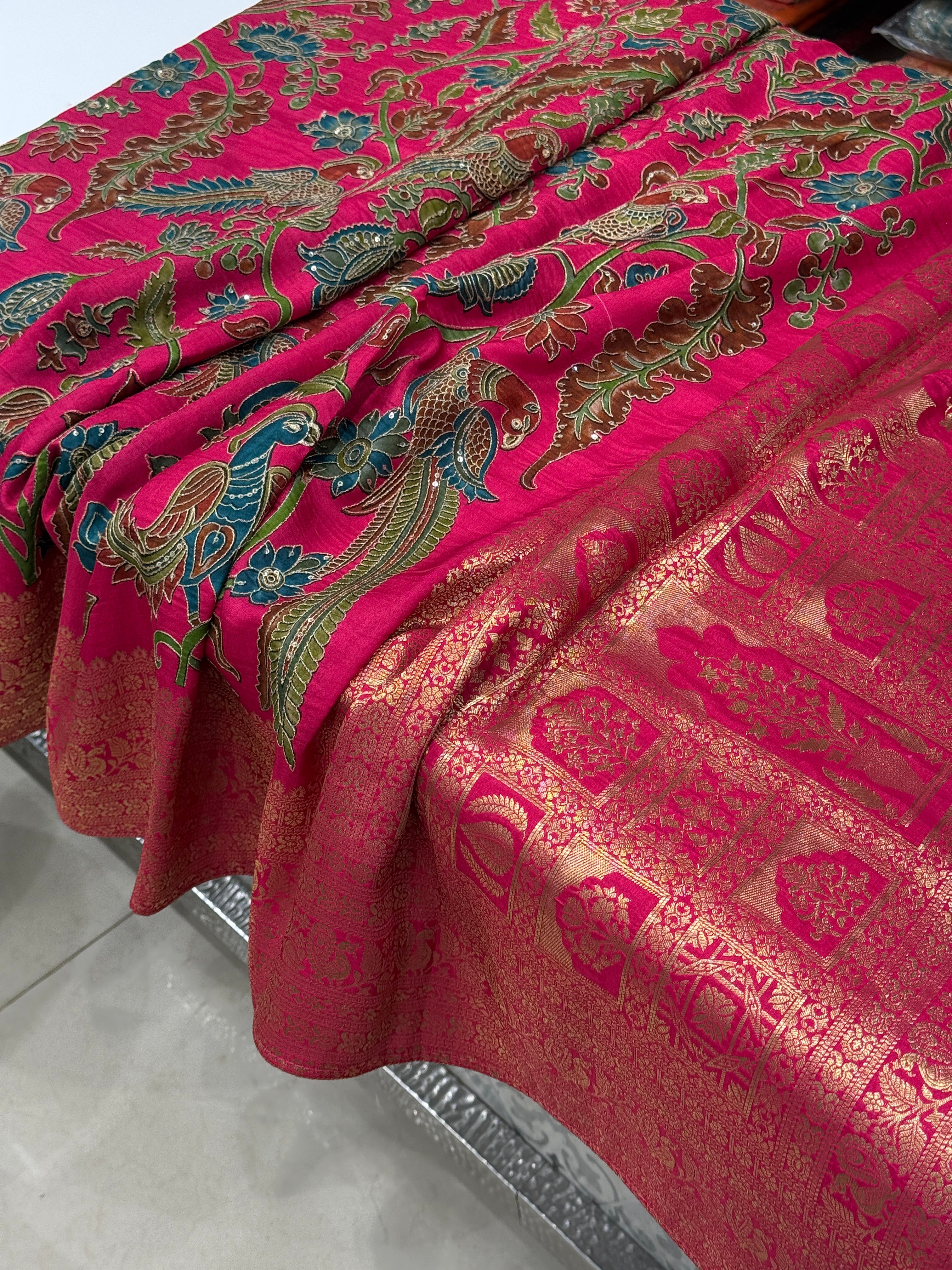 Rani Kalamkari Weave Banarasi Munga Pita Embroidery Saree