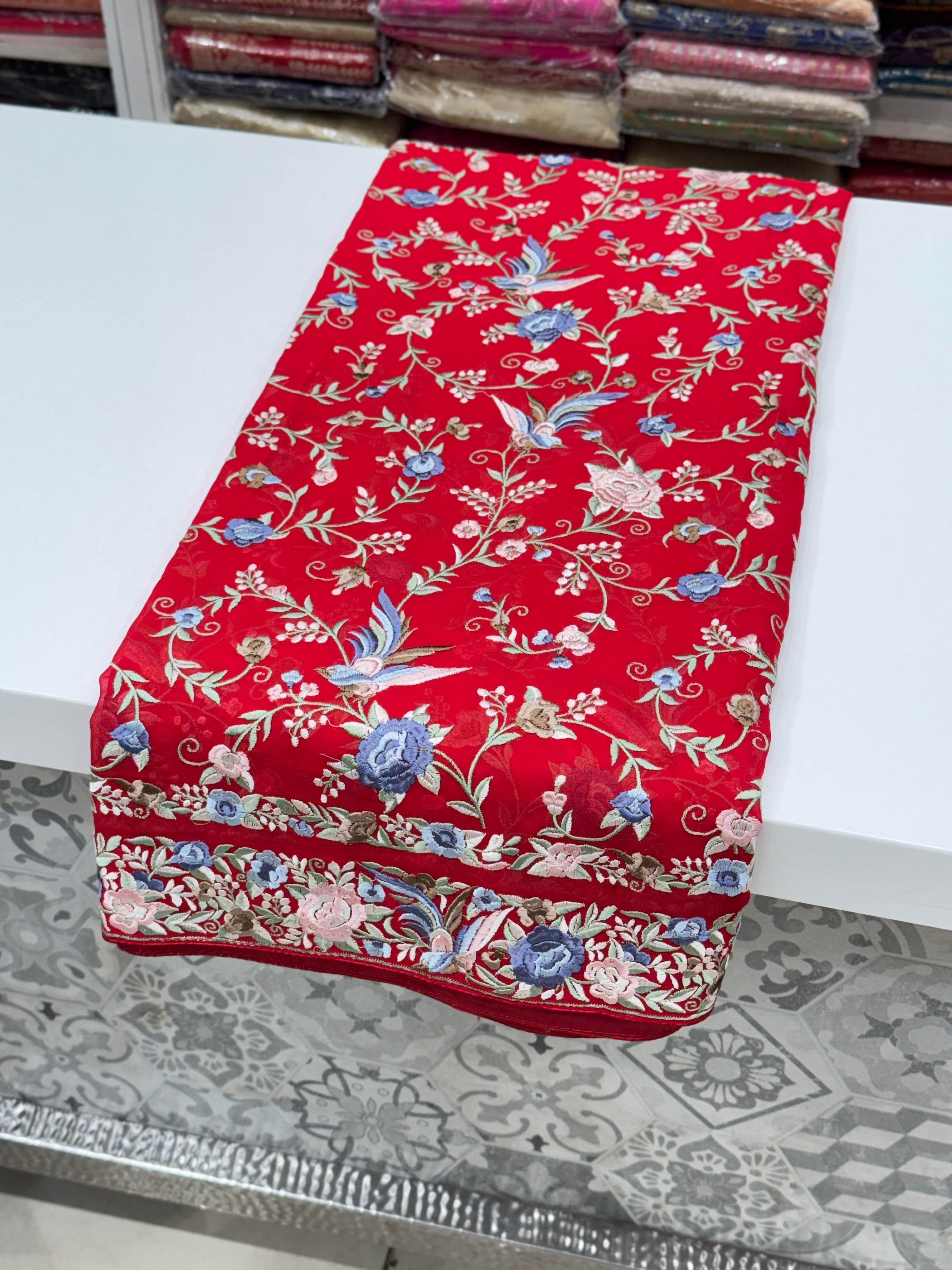 Red Double Border Georgette Parsi Gara Saree