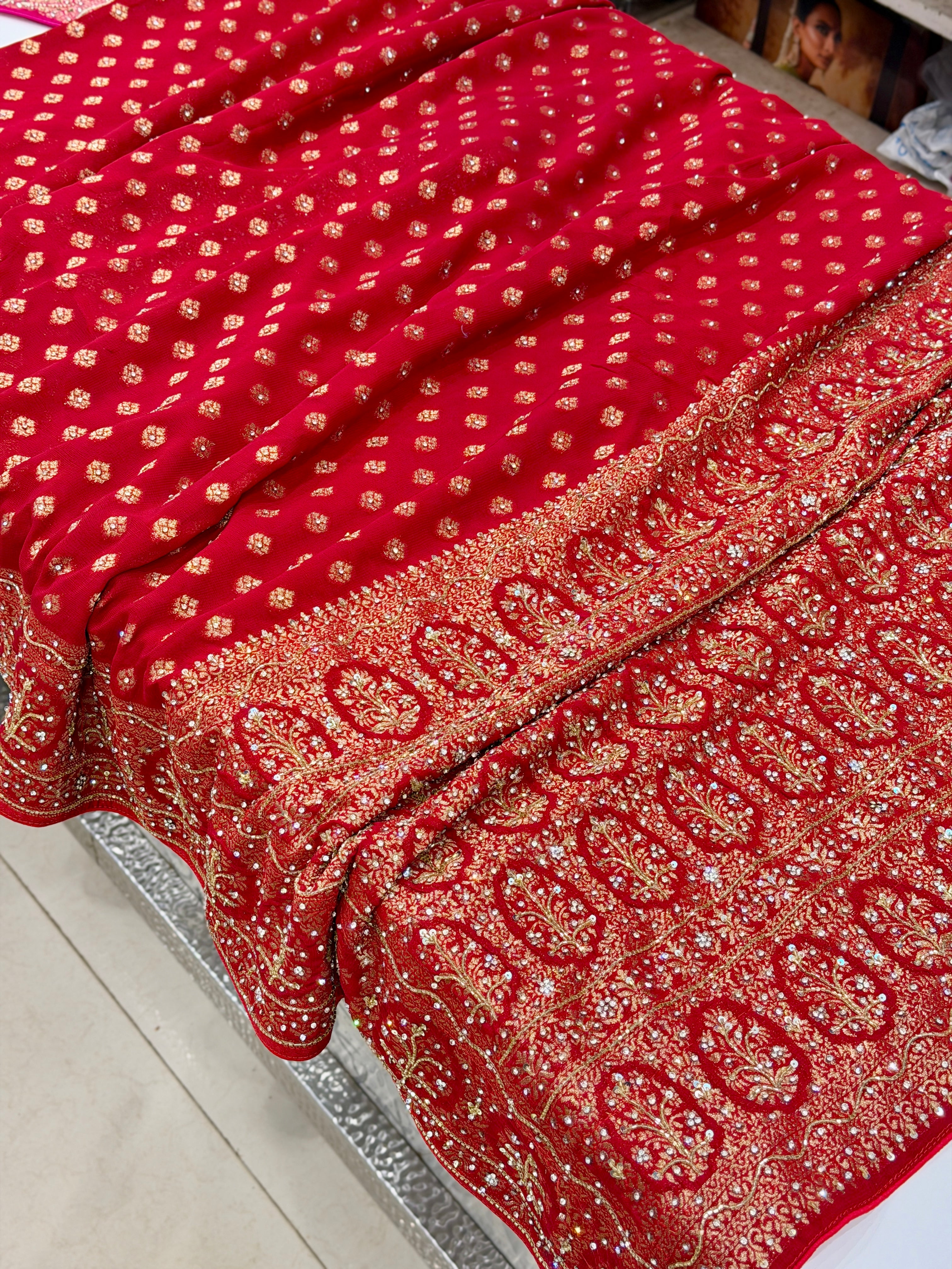 Red Banarasi Khaddi Georgette Butti Hand Embroidery Sequin Stone Saree