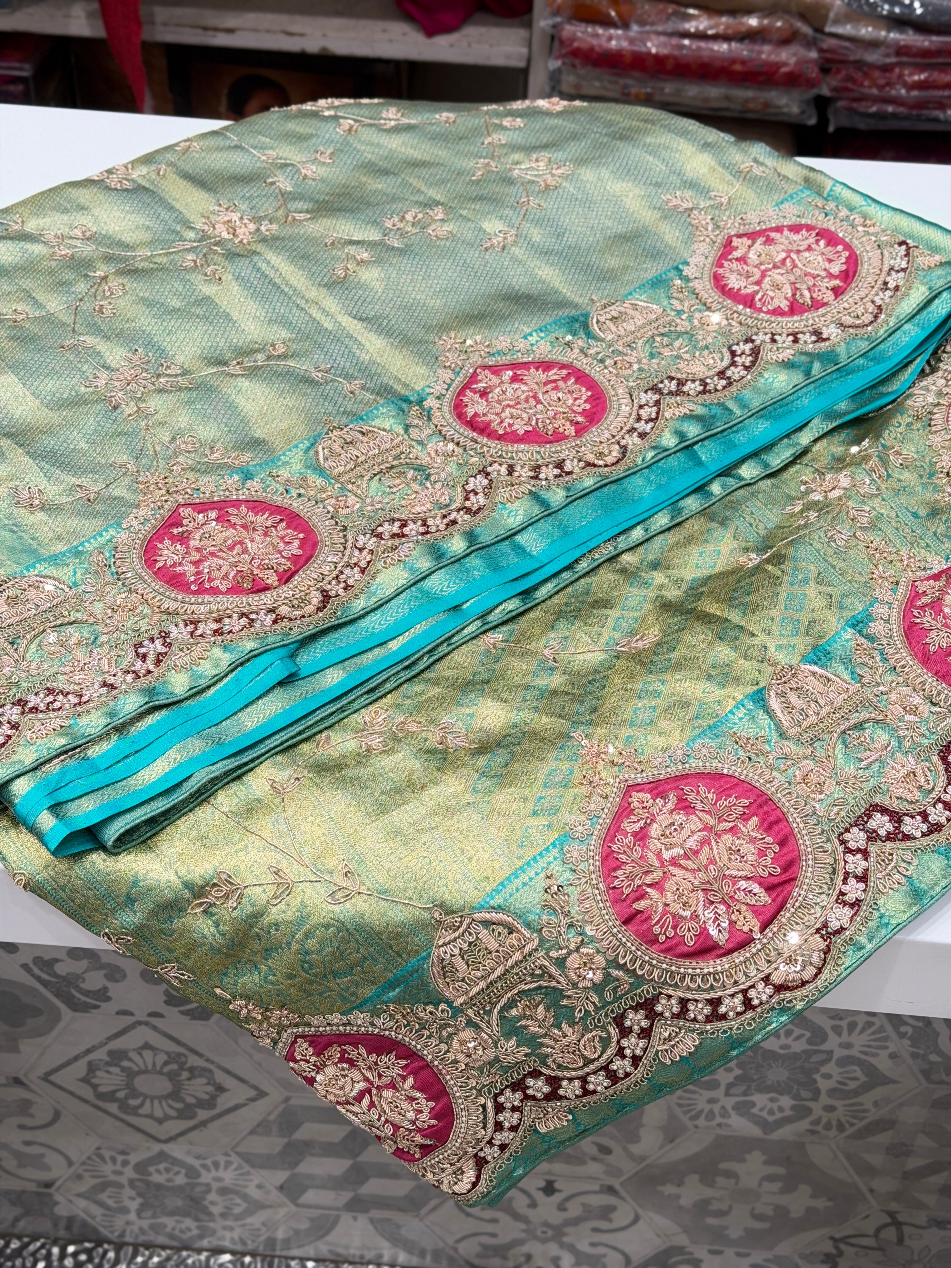 Pista Green Tissue Kanjivaram Zardodi Jaal Hand Embroidery Saree