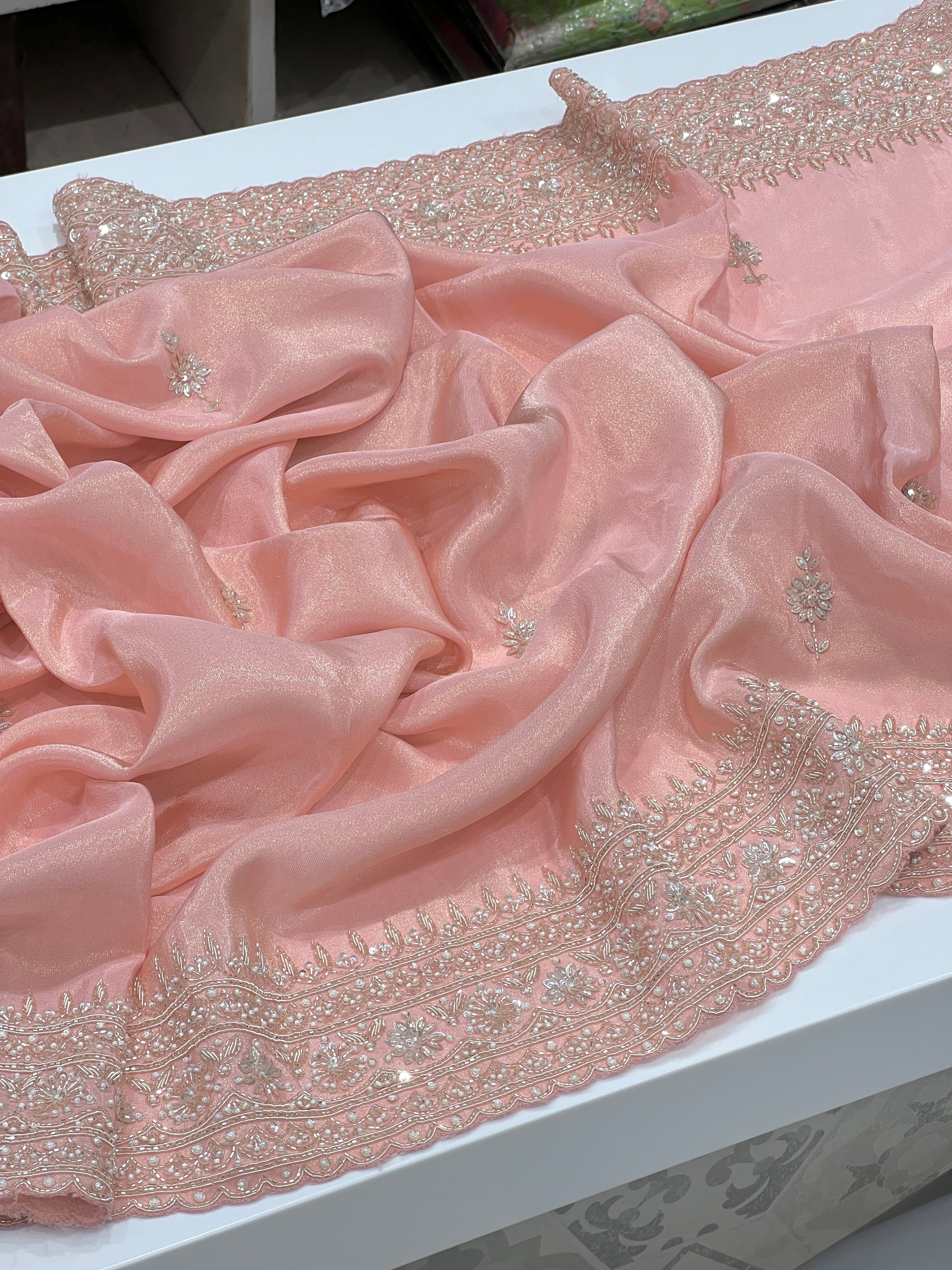 Pink Kareena Kapoor Inspired Crepe Tissue Embroidery Saree 2.0