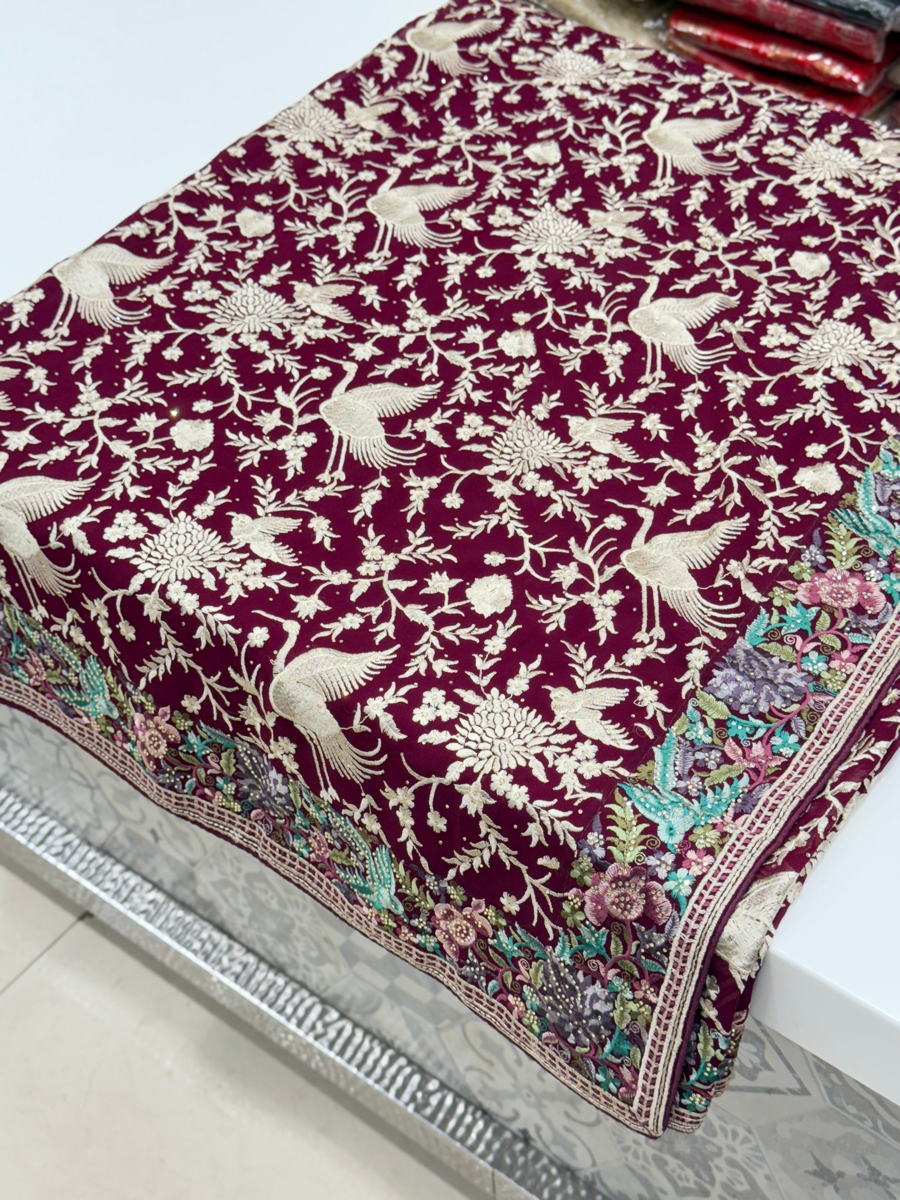 Wine Parsi Gara Saree with Stone Work Resham Embroidery