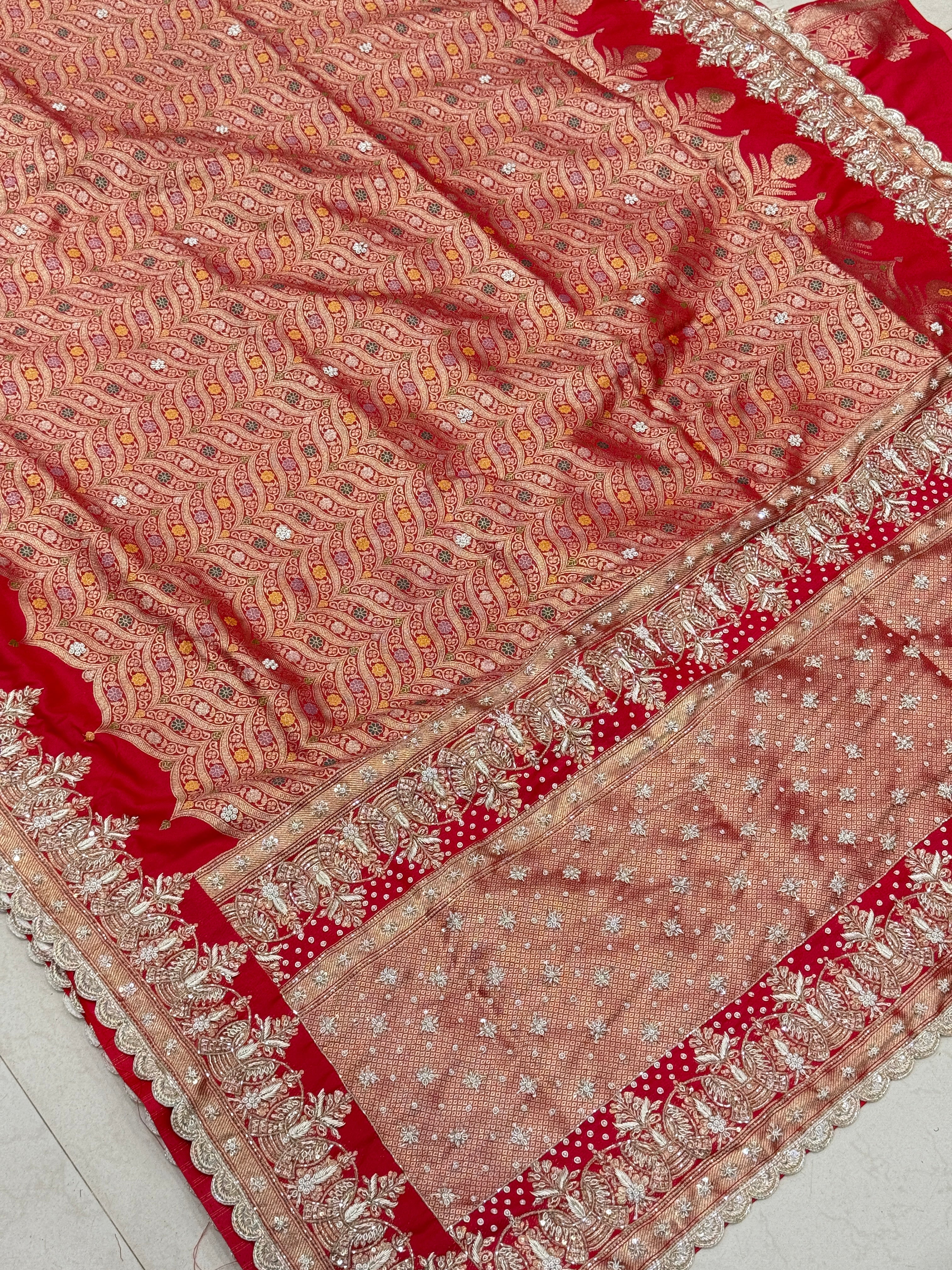 Red Banarasi Contemporary Zardosi Hand Embroidery Saree
