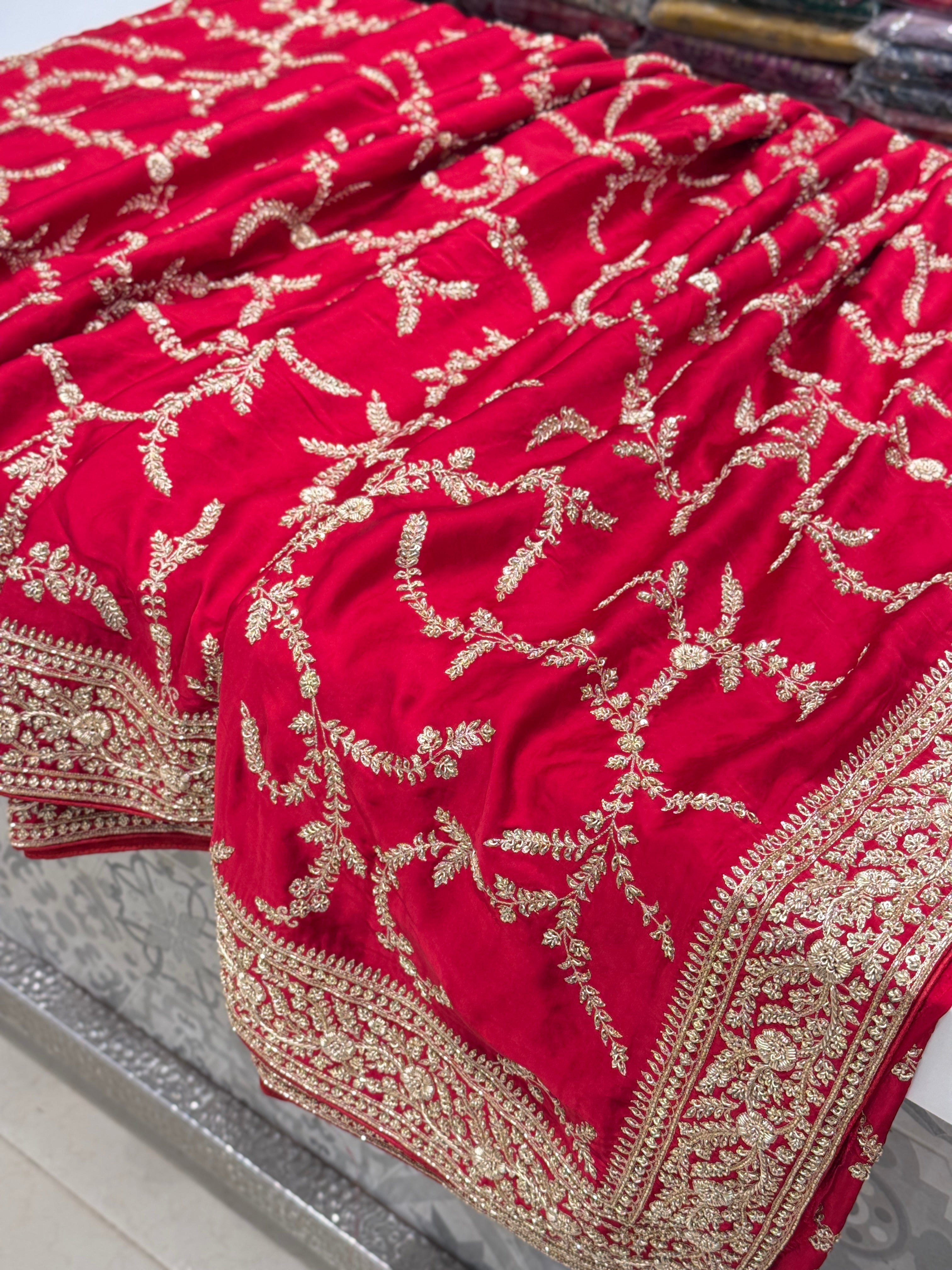 Red Hand Embroidery Jaal Pure Satin Zardosi Embroidery