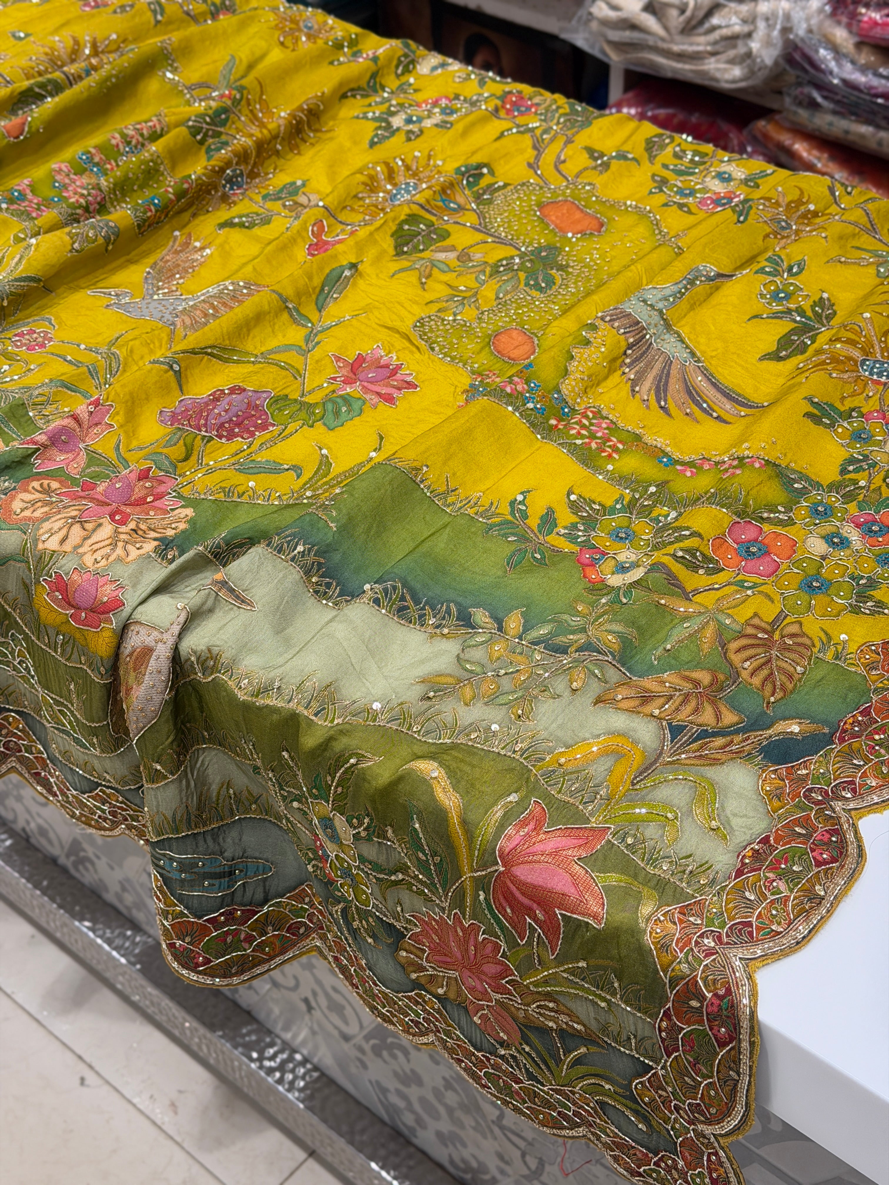 Yellow Munga Canvas Hand Embroidery Saree