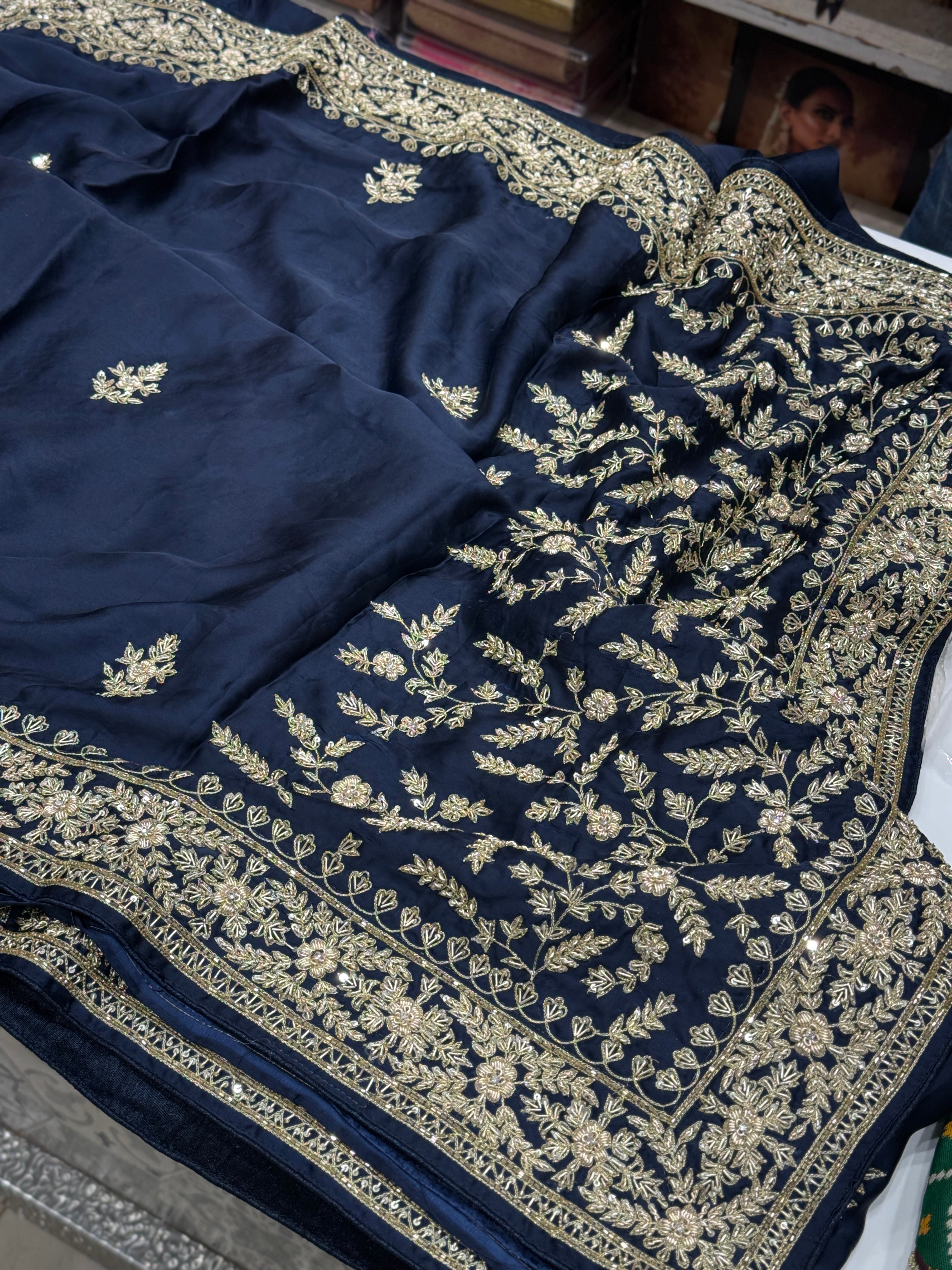 Blue Border Pan Butti Satin Hand Embroidered Zardosi Saree