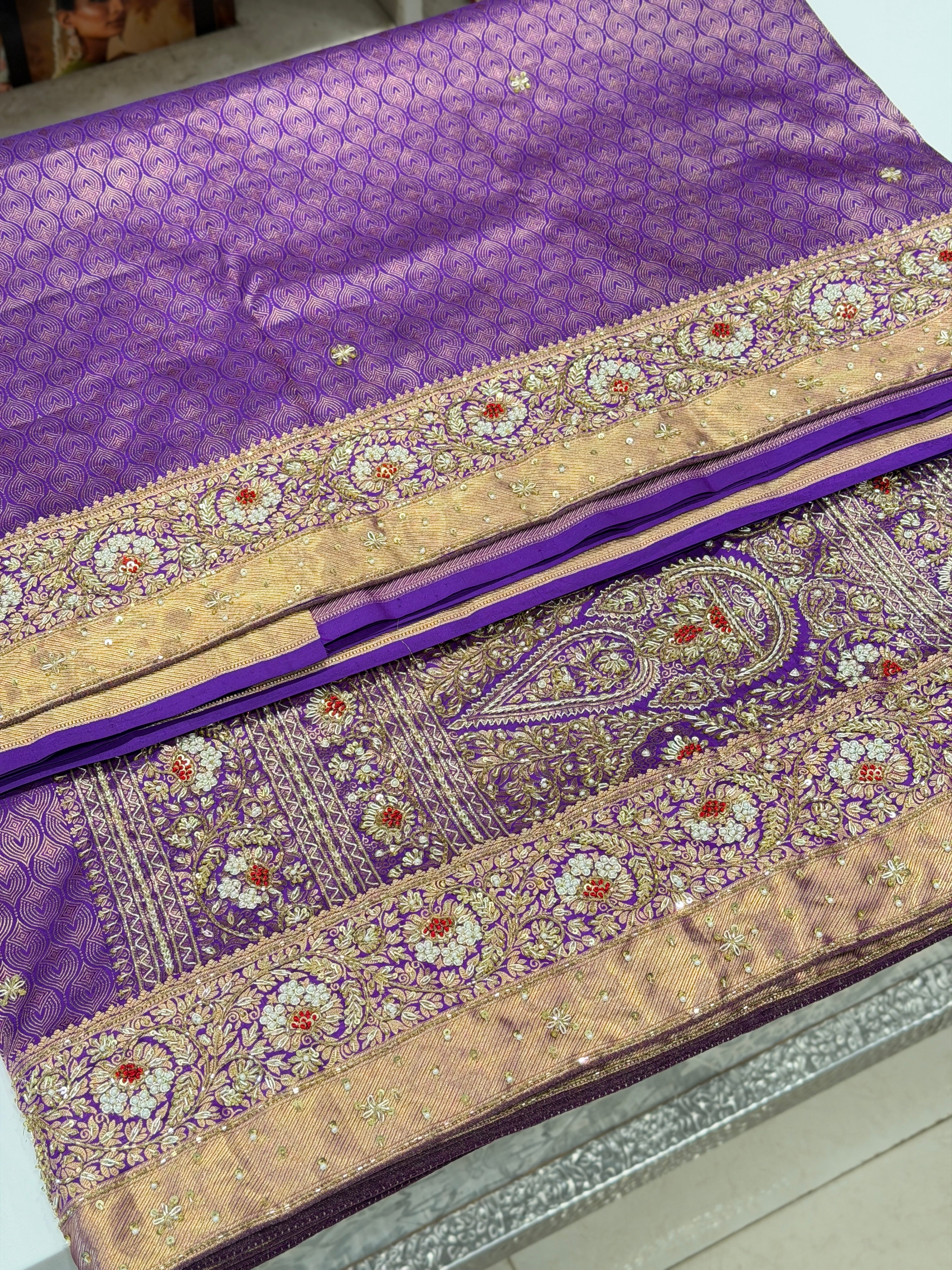 Violet Kanjivaram Floral Jaal Zardozi Hand Embroidery Saree