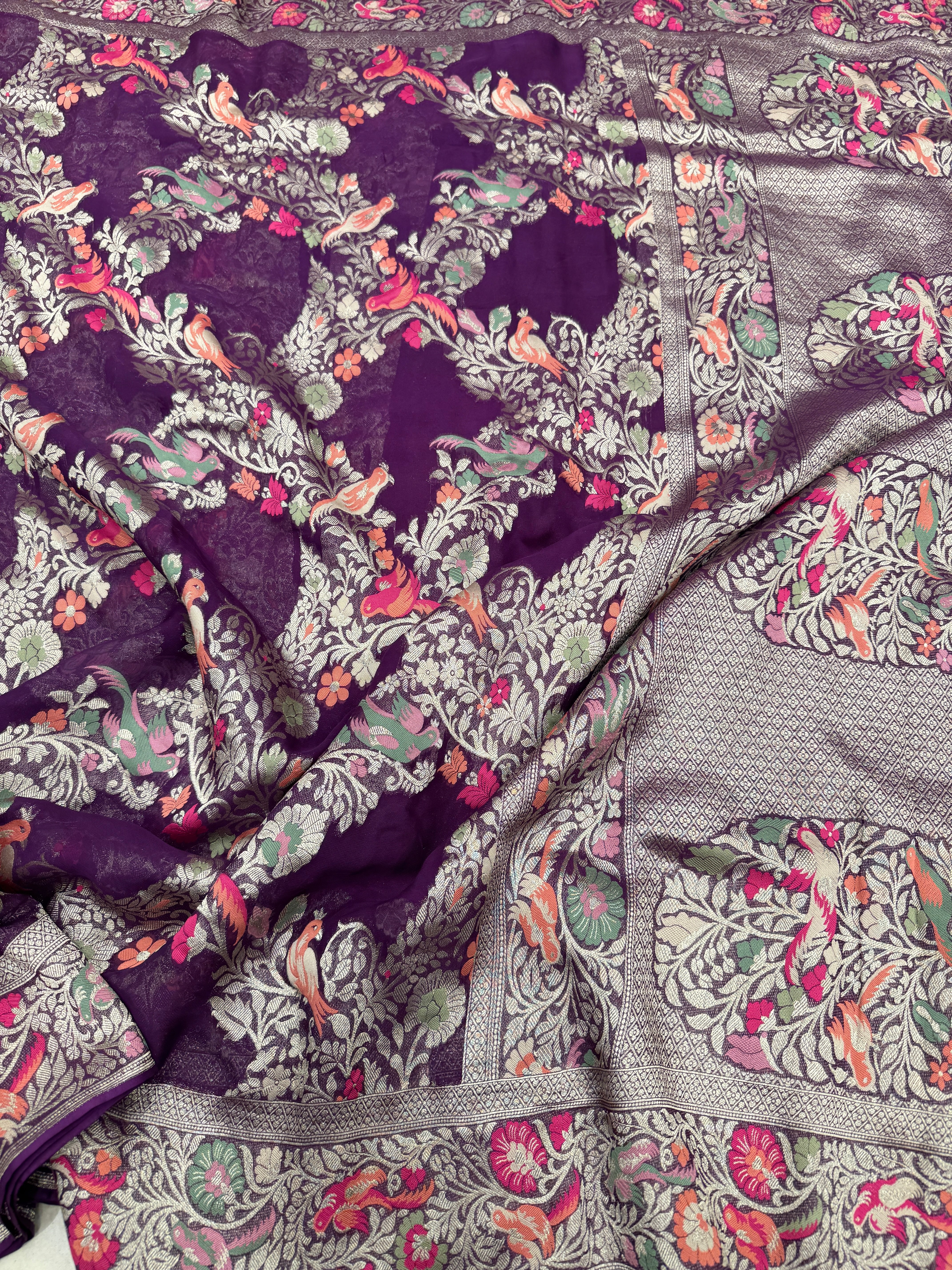 Purple Georgette Criss Cross Birds Theme Saree