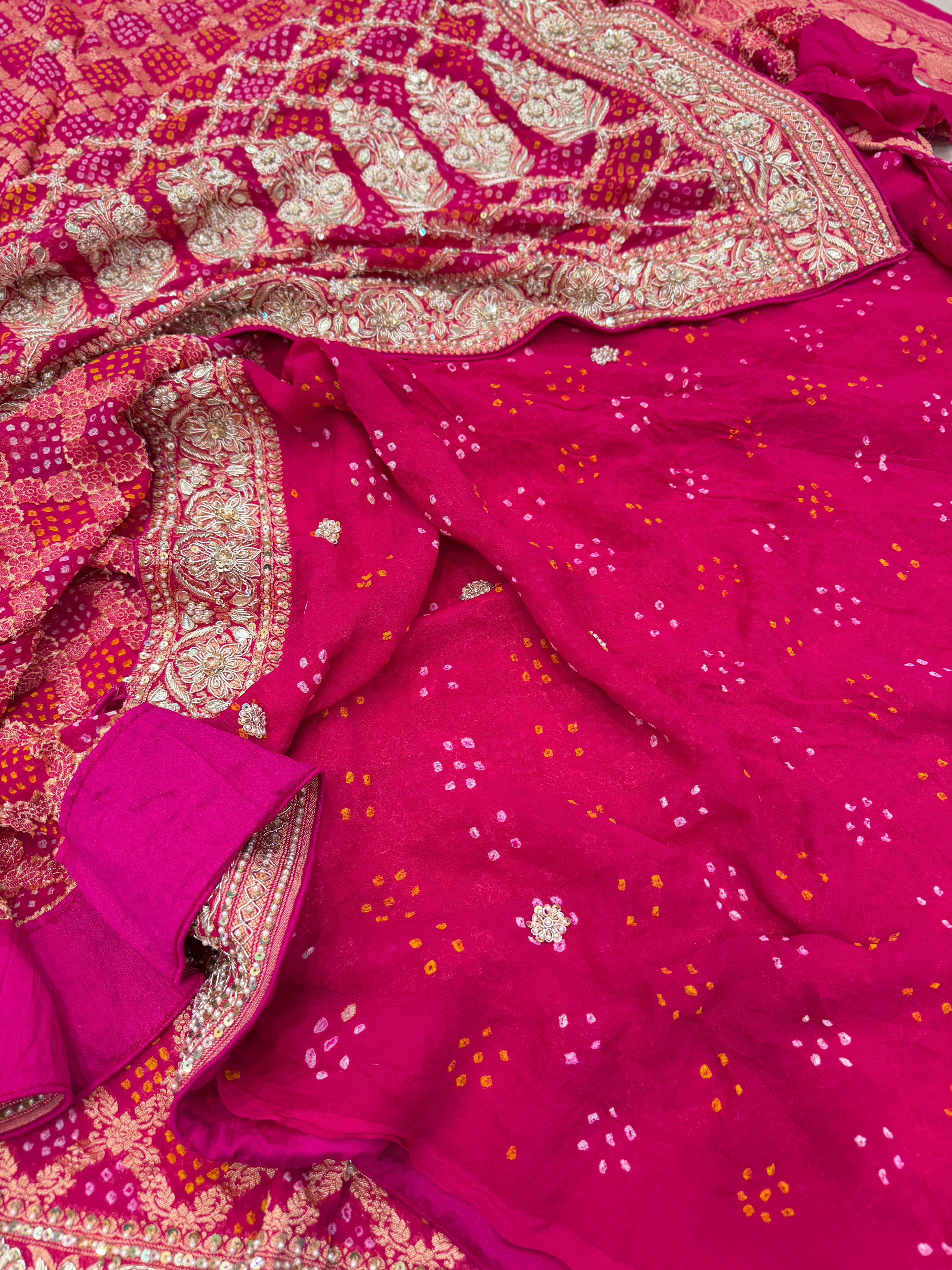 Rani Pink Rai Bandhej Zardosi Hand Embroidery Saree