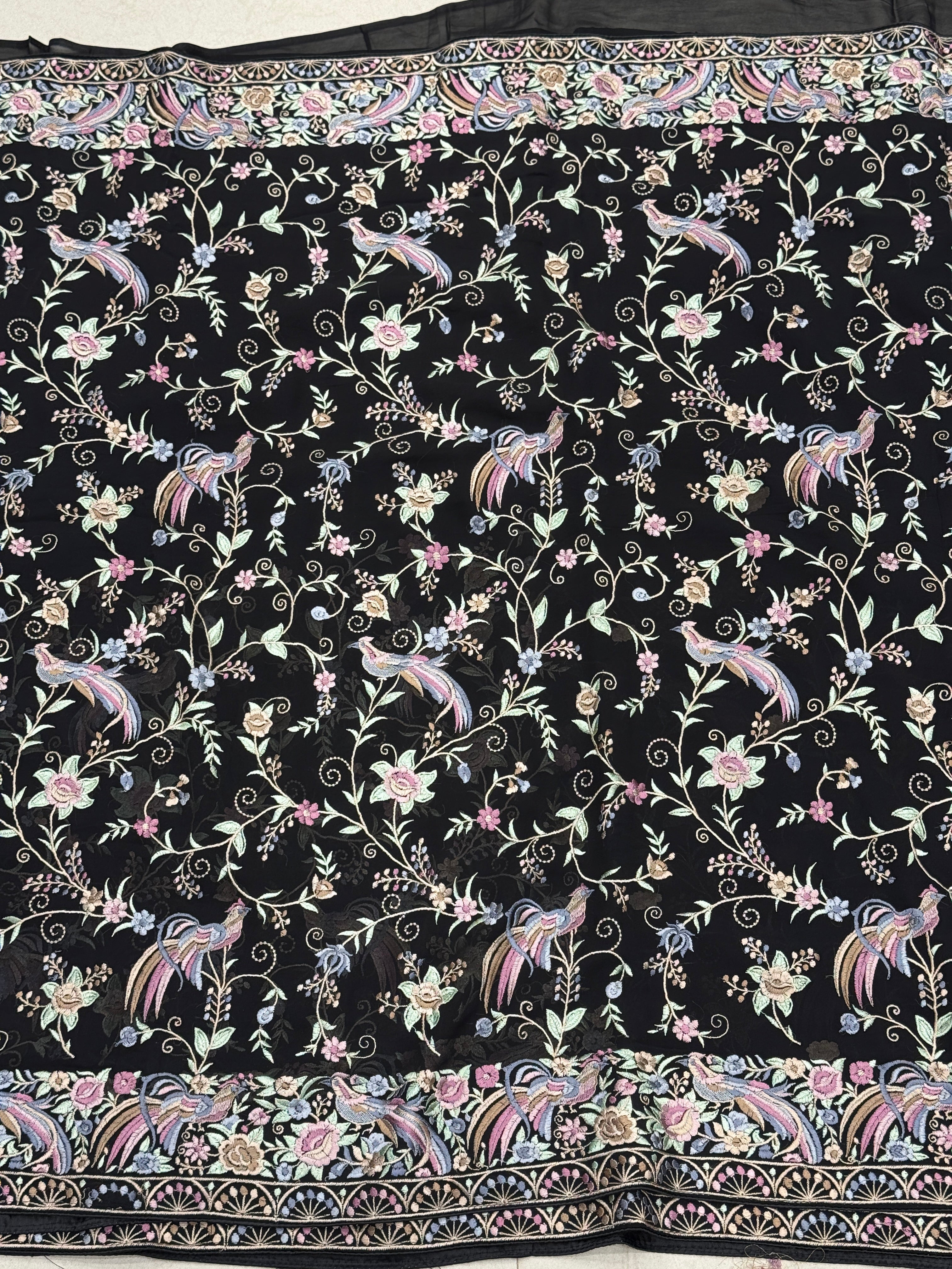 Black Multi Georgette Floral Parsi Gara Saree